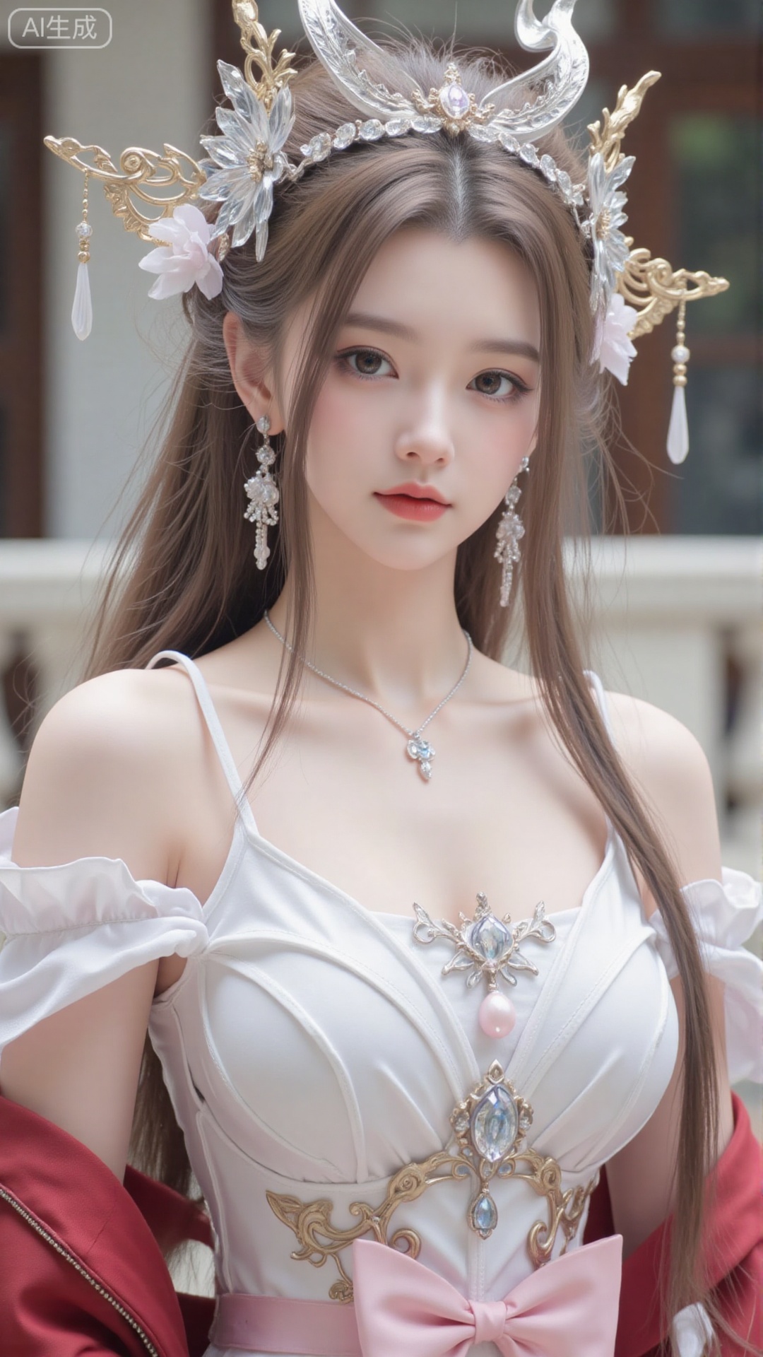 1girl,solo,jewelry,flower,hair flower,hair ornament,necklace,realistic,brown eyes,looking at viewer,dress,blurry background,twin braids,blurry,white dress,long hair,upper body,breasts,pink bow,red jacket,bare shoulders,lips,collarbone,outdoors,cleavage,large natural breast,soft breasts,huge Breasts