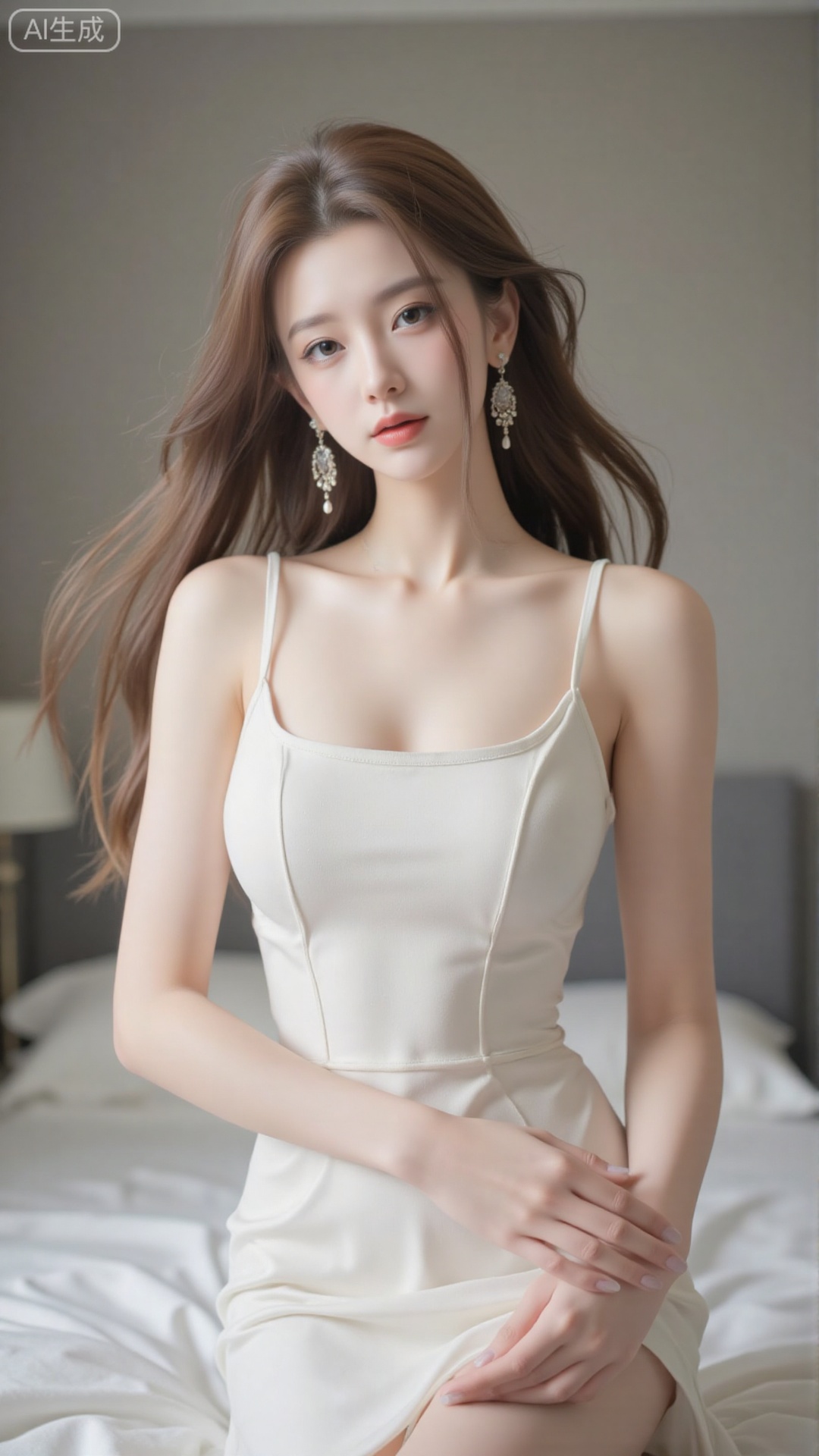 An elegant indoor advertising photograph showcasing a model with long, flowing hair and a graceful posture, wearing a simple yet elegant slip dress. Her pose is effortlessly chic and sophisticated, conveying timeless elegance. The setting is a minimalist bedroom with soft, diffused lighting and neutral colors. The overall mood is refined and timeless, emphasizing the classic beauty and versatility of the dress. High resolution, 8k, soft lighting, hyperrealistic, photorealistic, detailed textures, shallow depth of field, glamour photography, editorial photography, advertisement photography, trending on artstation.