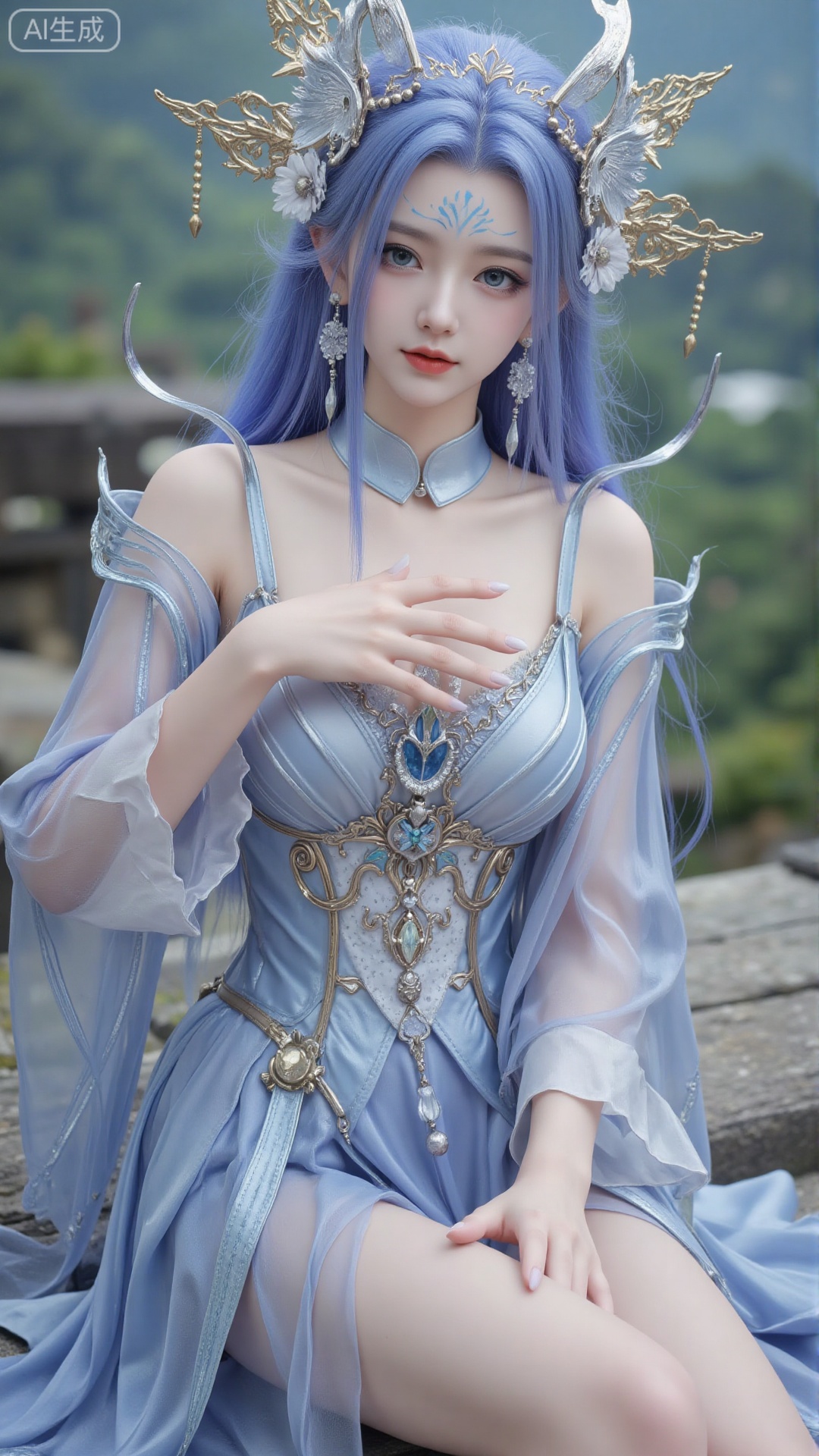 1girl, long hair, solo, dress, hair ornament, long hair, mischevious smile, perfect body, scenery, sharp focus, best quality, masterpiece, detailed outfit, illustration, perfect eyes, finely detailed beautiful anime eyes, realistic skin, intricate details, best lighting, depth of field, ultra high resolution, sitting
