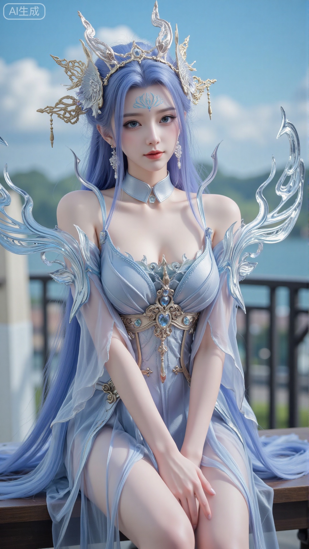 1girl, long hair, solo, dress, hair ornament, long hair, mischevious smile, perfect body, scenery, sharp focus, best quality, masterpiece, detailed outfit, illustration, perfect eyes, finely detailed beautiful anime eyes, realistic skin, intricate details, best lighting, depth of field, ultra high resolution, sitting