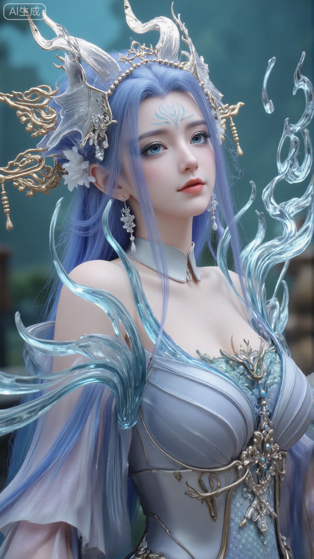 1girl, long hair, solo, dress, hair ornament, long hair, mischevious smile, perfect body, scenery, sharp focus, best quality, masterpiece, detailed outfit, illustration, perfect eyes, finely detailed beautiful anime eyes, realistic skin, intricate details, best lighting, depth of field, ultra high resolution, cowboy shot