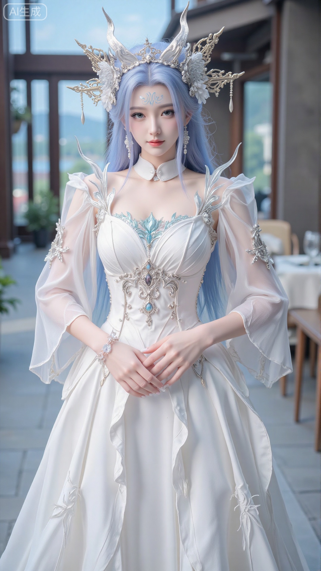 1girl, white wedding dress,looking at viewer, mischevious smile, perfect body, scenery, sharp focus, best quality, masterpiece, detailed outfit, illustration, perfect eyes, finely detailed beautiful anime eyes, realistic skin, intricate details, best lighting, depth of field, ultra high resolution, cowboy_shot, bride