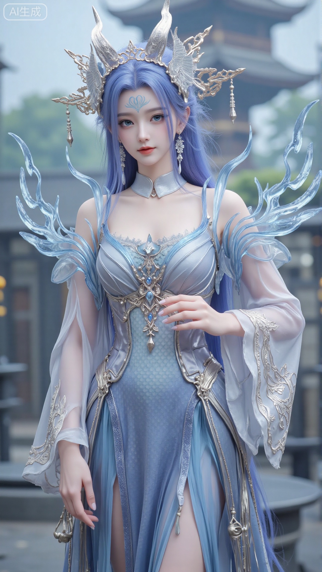 1girl, long hair, solo, dress, hair ornament, long hair, mischevious smile, perfect body, scenery, sharp focus, best quality, masterpiece, detailed outfit, illustration, perfect eyes, finely detailed beautiful anime eyes, realistic skin, intricate details, best lighting, depth of field, ultra high resolution, cowboy shot