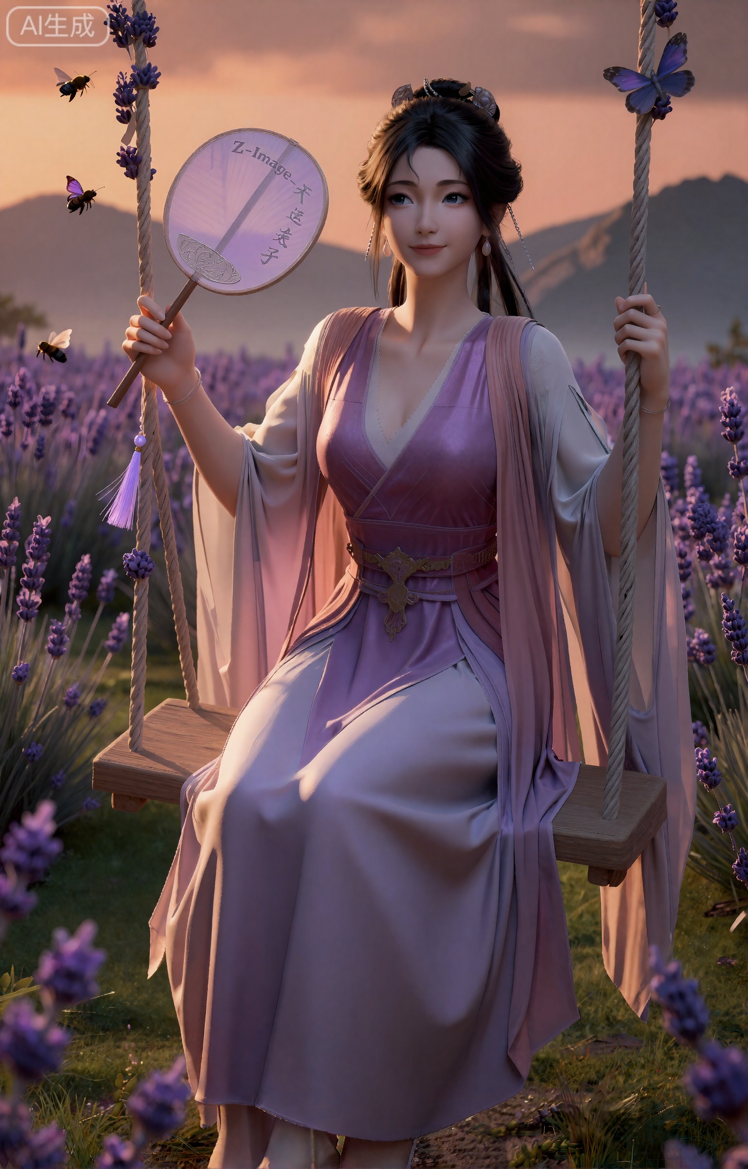《凡人修仙传》动漫正版风格,慕沛灵,身着淡紫色纱质长裙,裙摆如蝶翼轻盈,领口袖口绣白色蕾丝,乌发披肩,发间别薰衣草花环,面容柔和带浅笑。斜坐于淡紫色薰衣草花穗编织的秋千上,秋千绳索缠绕薰衣草枝与白丝带,下方垂落紫色花穗；左手轻执一柄淡紫描银古风扇子,扇面为半透紫纱,清晰印有“Z-Image-天运子”银灰色篆书字样,扇骨为白檀木,扇穗为淡紫流苏；四周是一望无际的薰衣草花田,蜂蝶（紫蝶、黑蜂）在花间飞舞,背景是黄昏暖橙色天光,远处有青山轮廓,光线柔和洒下形成金边,秋千轻晃带动花穗飘动,整体氛围梦幻浪漫,治愈清新,8K超清,柔光滤镜,色彩柔和,笔触细腻,空气感十足