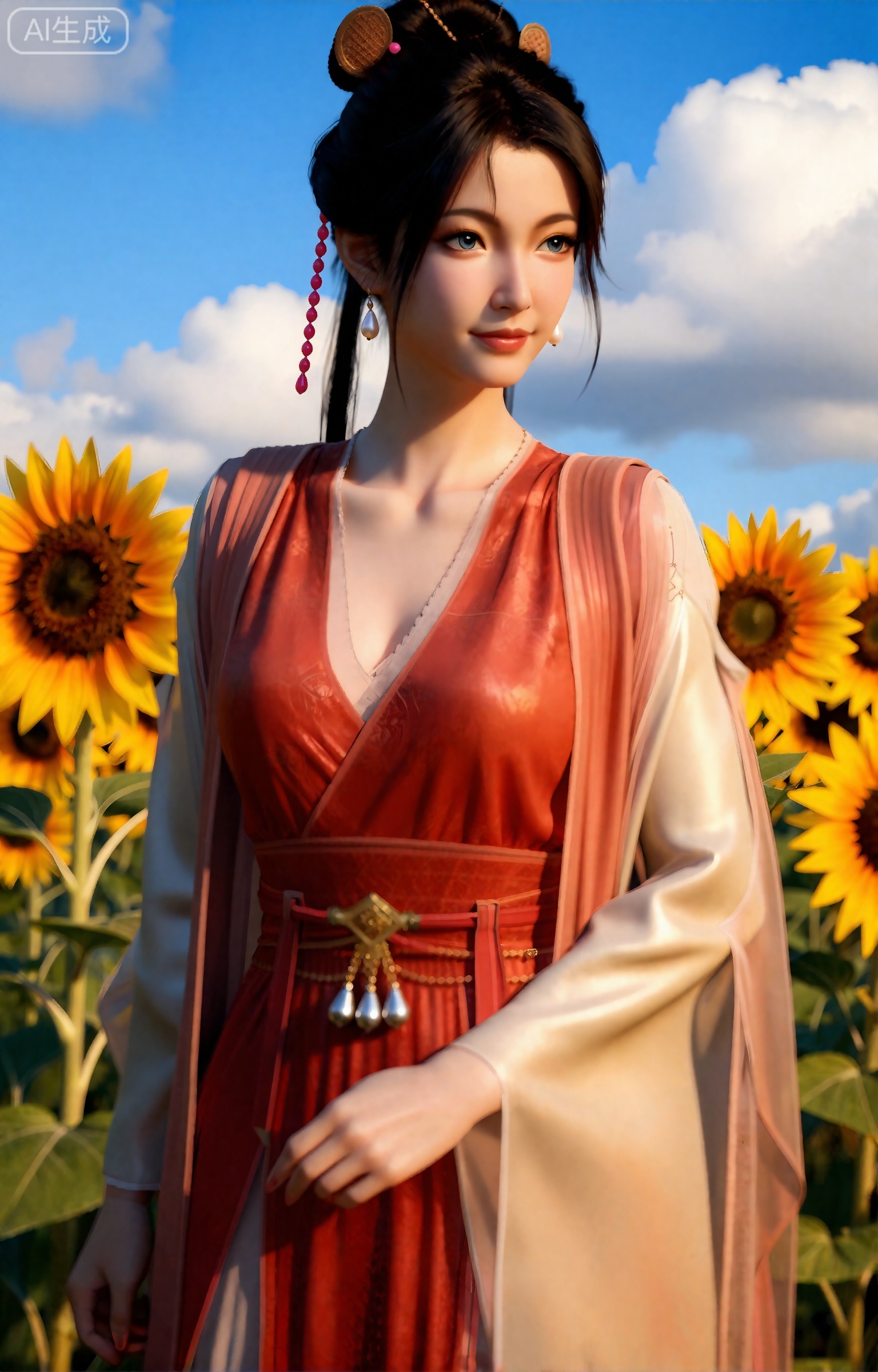 慕沛灵,身着一袭橘红色长裙,外披粉白薄纱,站在成片的向日葵花田中。她的发间戴着红粉相间的珠链,搭配水滴形珍珠耳坠,腰间红色绸带两端的银铃轻轻晃动。阳光洒在她身上,照亮了她略带羞怯与温柔的脸庞,背景是金黄色的向日葵花海,与她的红衣形成鲜明对比,天空湛蓝,飘着几朵蓬松的白云。