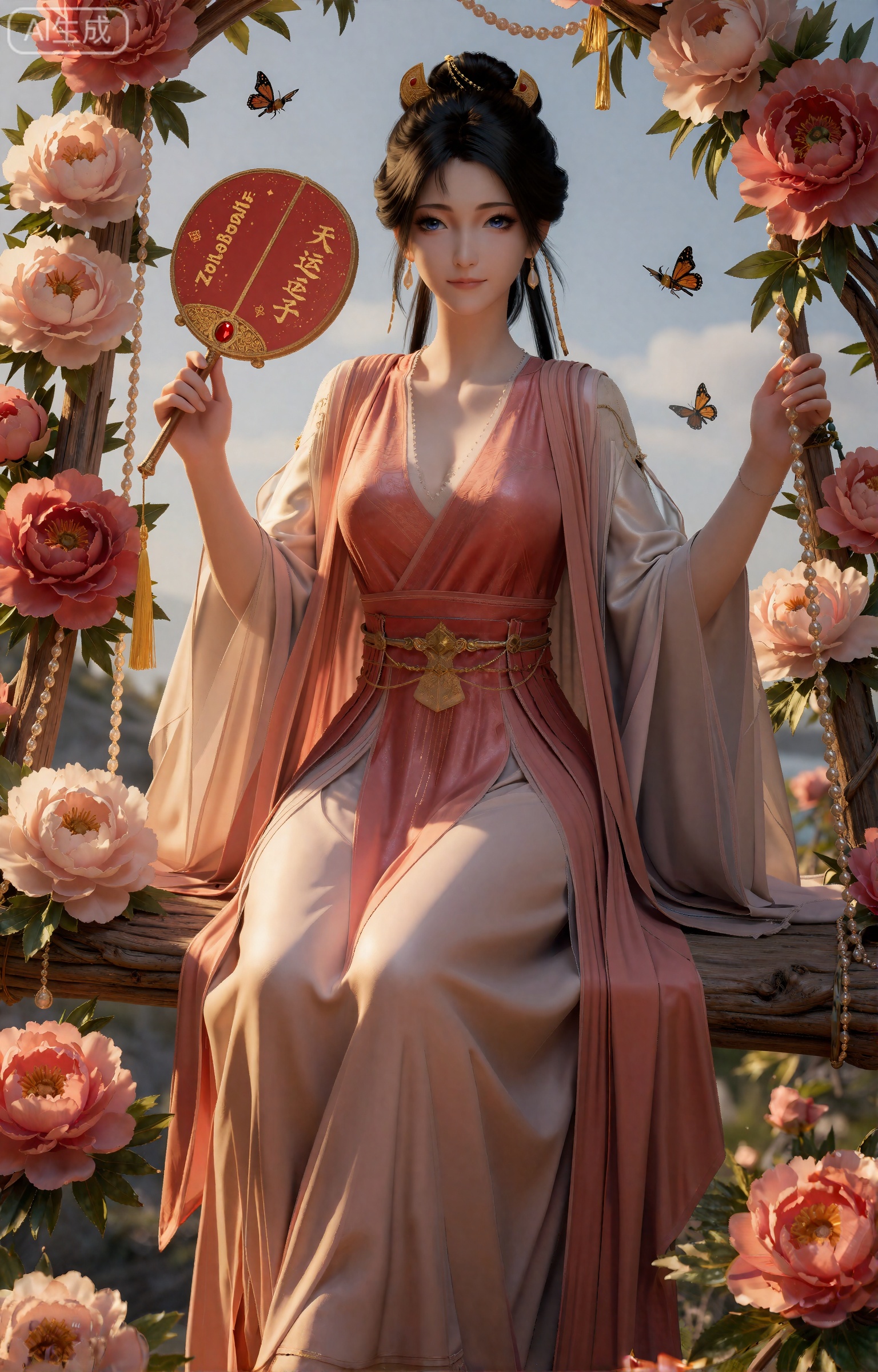《凡人修仙传》动漫正版风格,慕沛灵,身着淡粉描金交领长裙,裙摆绣繁复牡丹纹样,外披淡金薄纱,乌发高挽惊鸿髻,插金步摇与红宝石钗,耳戴金镶玉耳坠,妆容淡雅。端坐于红粉白三色牡丹花瓣编织的秋千上,秋千绳索缠绕牡丹枝与金线,下方垂落金色花穗与珍珠串；右手轻握一柄金红相间古风扇子,扇面为深红色洒金宣纸,清晰印有“Z-Image-天运子”金色隶书字样,扇骨为鎏金材质,镶嵌红宝石,扇穗为金黄流苏；四周是盛放的硕大牡丹,蜂蝶（彩蝶、金蜂）围绕飞舞,背景是春日明媚天光,光线充足柔和,透过花叶洒下斑驳光影,衣摆金线闪烁,秋千轻晃带动花穗飘动,整体氛围雍容清雅,仙气华贵,8K超清,油画般质感,细节丰富,色彩协调