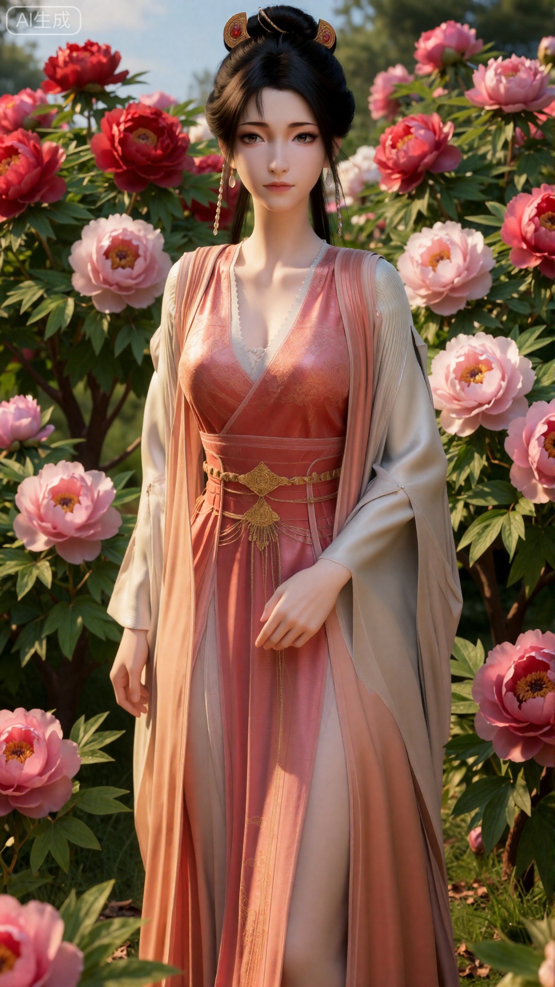 《凡人修仙传》动漫正版风格,慕沛灵,身着淡粉描金交领长裙,裙摆绣繁复牡丹纹样,外披一层淡金薄纱,乌发高挽成惊鸿髻,插金步摇与红宝石钗,耳戴金镶玉耳坠,妆容淡雅,眉如远山,眼含秋水,气质清雅中带一丝贵气。站在姹紫嫣红的牡丹园中央,四周是盛放的红、粉、白牡丹,花朵硕大饱满,花瓣层叠繁复,叶片翠绿鲜亮,背景是明媚的春日天光,光线充足柔和,透过花叶洒下斑驳光影,衣摆上的金线在光下闪烁,整体氛围雍容而不艳俗,清雅华贵,8K超清,细节丰富,色彩饱和度适中,油画般质感,景深突出主体