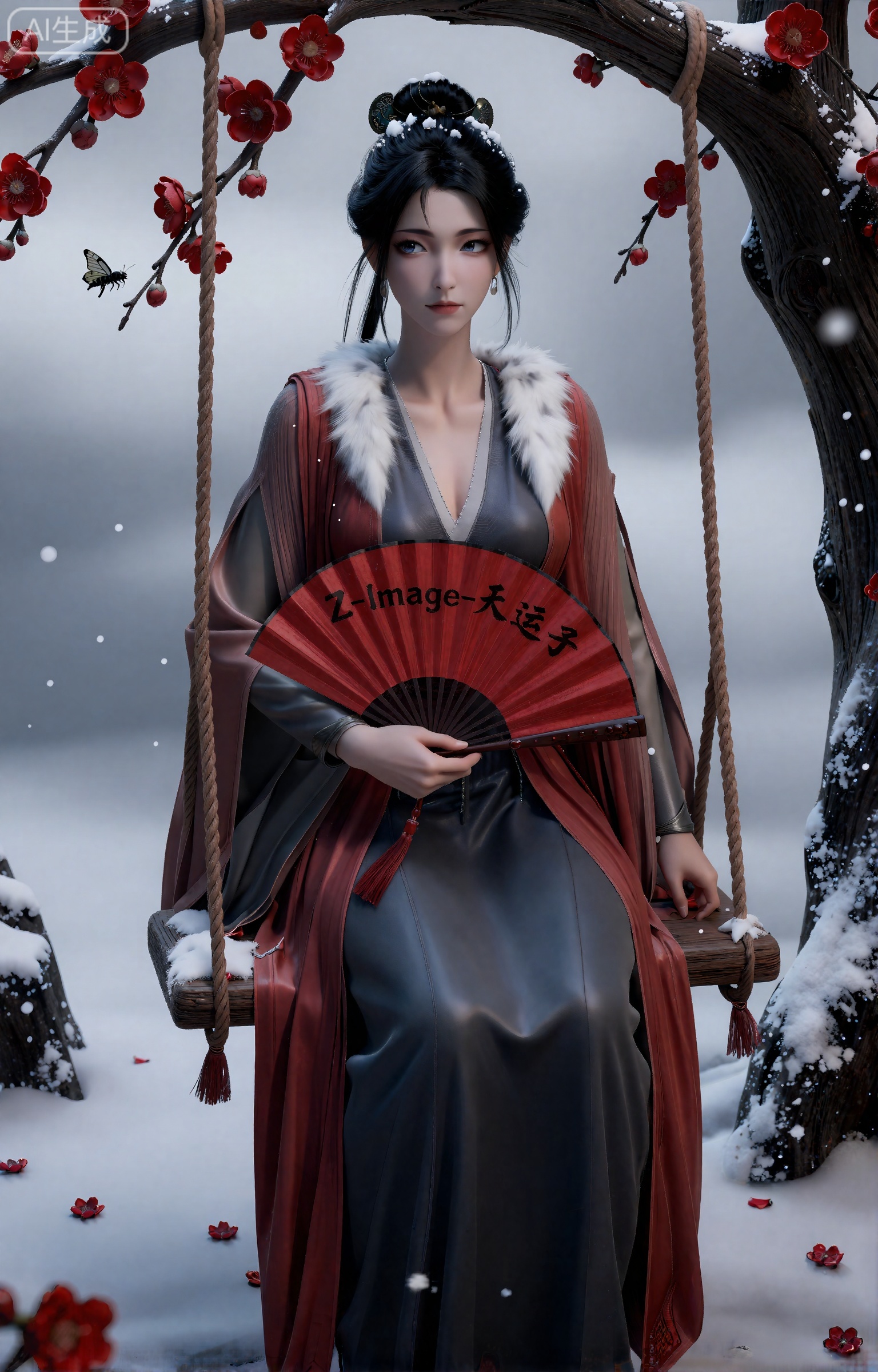 凡人修仙传》动漫正版风格,慕沛灵,身着大红斗篷（领口袖口镶白狐毛）,内搭墨色紧身长裙,乌发束起用墨玉梅花簪固定,发丝落少许雪花,面容清冷眼神坚定。端坐于红梅花瓣与松枝编织的秋千上,秋千绳索缠绕松枝与红丝带,下方垂落红梅枝与白雪；右手轻握一柄红黑相间古风扇子,扇面为深红色宣纸,清晰印有“Z-Image-天运子”黑色篆书字样,扇骨为黑檀木,镶嵌红玛瑙,扇穗为深红流苏；四周是覆雪的红梅枝,红梅傲然绽放,蜂蝶（白蝶、黑蜂）不畏寒意在花间飞舞,背景是漫天飘雪的灰白天空,地面覆雪,光线为冷调天光,雪花落在斗篷、发丝与扇面上,秋千轻晃带动雪花飘落,整体氛围清冷孤傲,凄美仙气,8K超清,冷色调为主,雪的质感蓬松,梅枝纹理清晰,电影级场景感