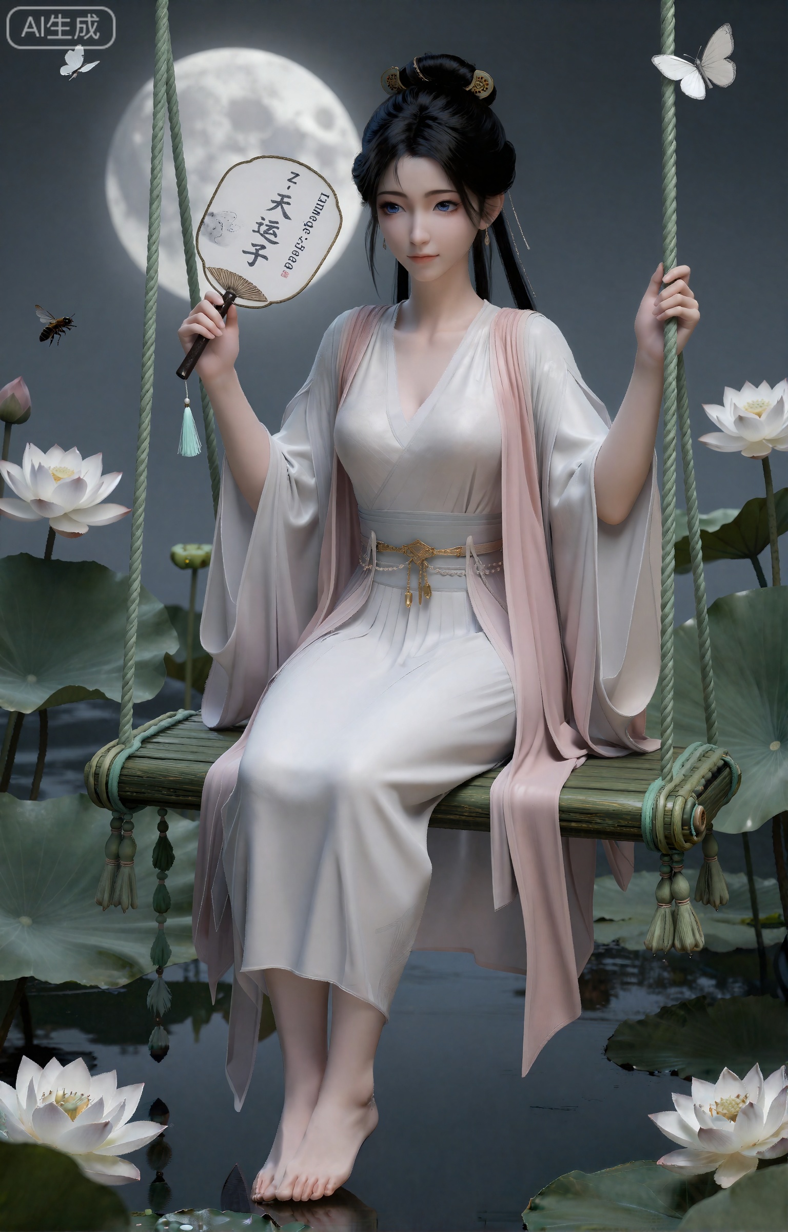 《凡人修仙传》动漫正版风格,慕沛灵,身着素白绫罗长裙,裙摆绣暗纹荷花,腰间系浅青丝带,乌发梳垂鬟分肖髻,仅用玉簪固定,面容清丽,眉眼清冷。斜坐于白荷花与碧绿荷叶编织的秋千上,秋千绳索缠绕荷梗与淡青丝带,下方垂落莲子串；左手轻执一柄素白描墨古风扇子,扇面覆半透蝉翼纱,清晰印有“Z-Image-天运子”深灰篆书字样,扇骨为墨玉材质,扇穗为浅青流苏；四周荷塘水面漂浮白荷与粉荷,蜂蝶（白蝶、黑蜂）在花间与秋千旁飞舞,背景是朦胧的荷塘月色,银白清辉洒下,水面倒映月影与人物身影,空气氤氲荷香,整体氛围清冷静谧,禅意十足,8K超清,水墨风笔触融合写实质感,光影柔和,层次分明