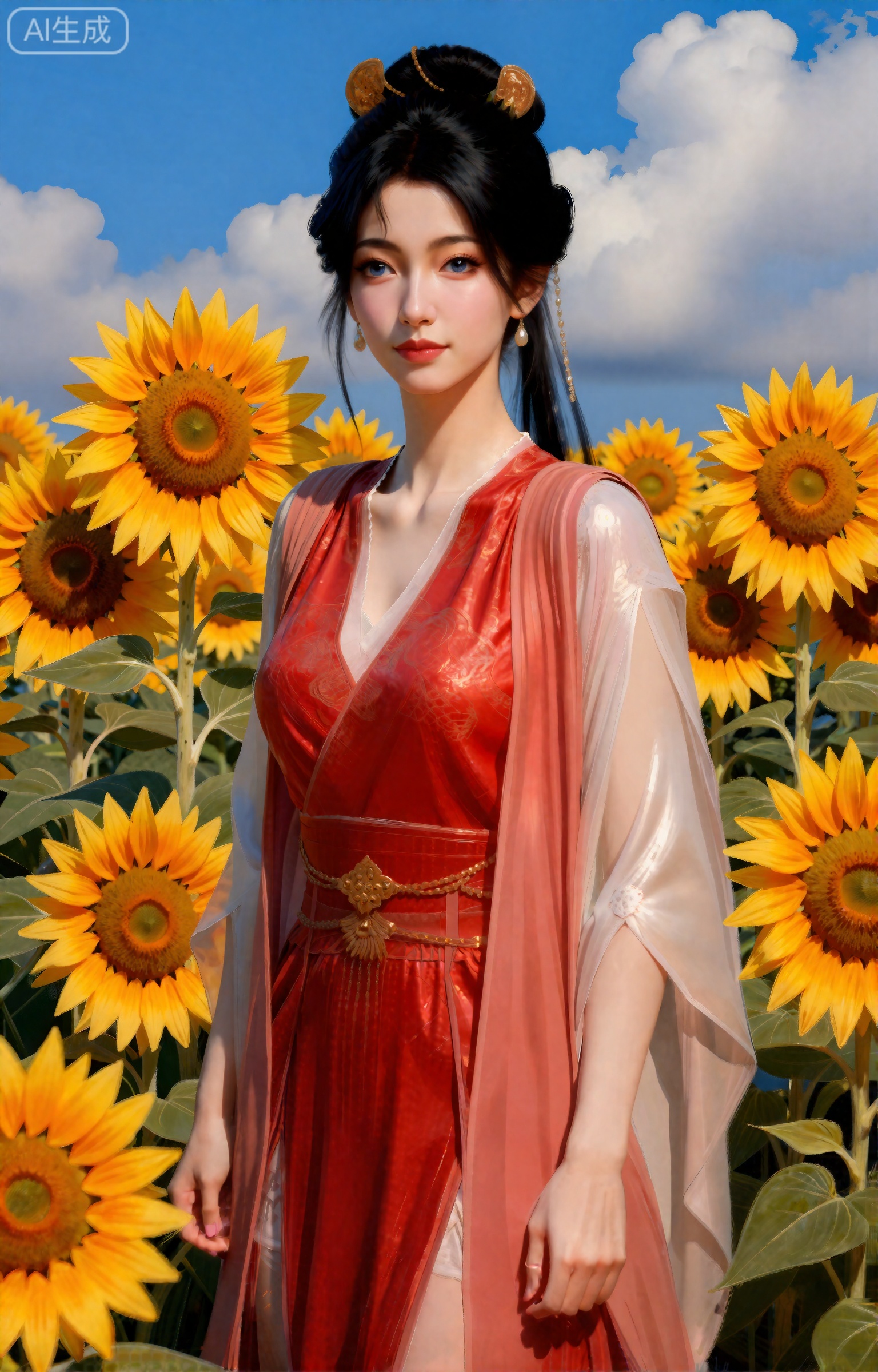 厚涂油画风格,画面中,慕沛灵身穿红衣,站在向日葵花田中央。她的红衣在油画笔触的描绘下,色彩浓郁而富有质感,粉白薄纱若隐若现。向日葵花田在风中摇曳,金黄色的花瓣呈现出厚重的涂抹感,与蓝天形成强烈的色彩对比,云朵有着蓬松的笔触感。