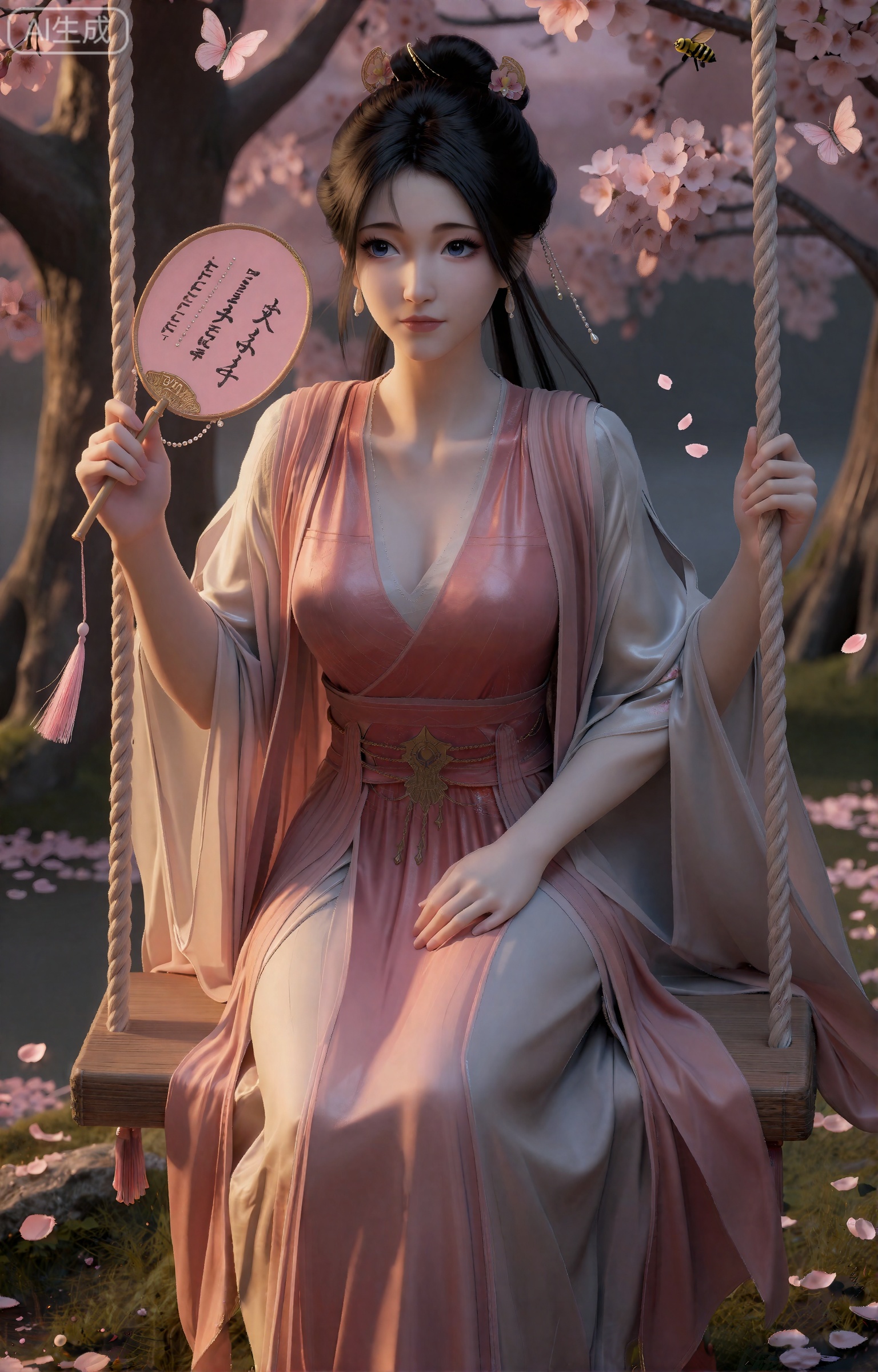 《凡人修仙传》动漫正版风格,慕沛灵,18岁少女,身着月白镶粉边广袖襦裙,外罩半透粉纱,乌发松挽斜插粉樱发簪,耳坠珍珠流苏,面容温婉,眼神淡然带柔。端坐于粉樱花瓣编织的秋千上,秋千绳索缠绕粉樱枝与白丝带,下方垂落粉色花穗；右手轻握一柄淡粉描金古风扇子,扇面清晰印有“Z-Image-天运子”黑色隶书字样,扇骨嵌细小珍珠,扇穗为浅粉流苏；四周是漫天纷飞的粉樱花瓣,蜂蝶（粉蝶、黄黑蜜蜂）围绕秋千飞舞,背景是成片樱树林,枝头繁花饱满,光线为春日暖阳,柔和洒在人物与花瓣上,衣摆随秋千轻晃,发丝微扬,整体氛围柔婉静谧,仙气氤氲,8K超清,电影级光影,细节纹理清晰,景深突出主体,蜂蝶动态自然