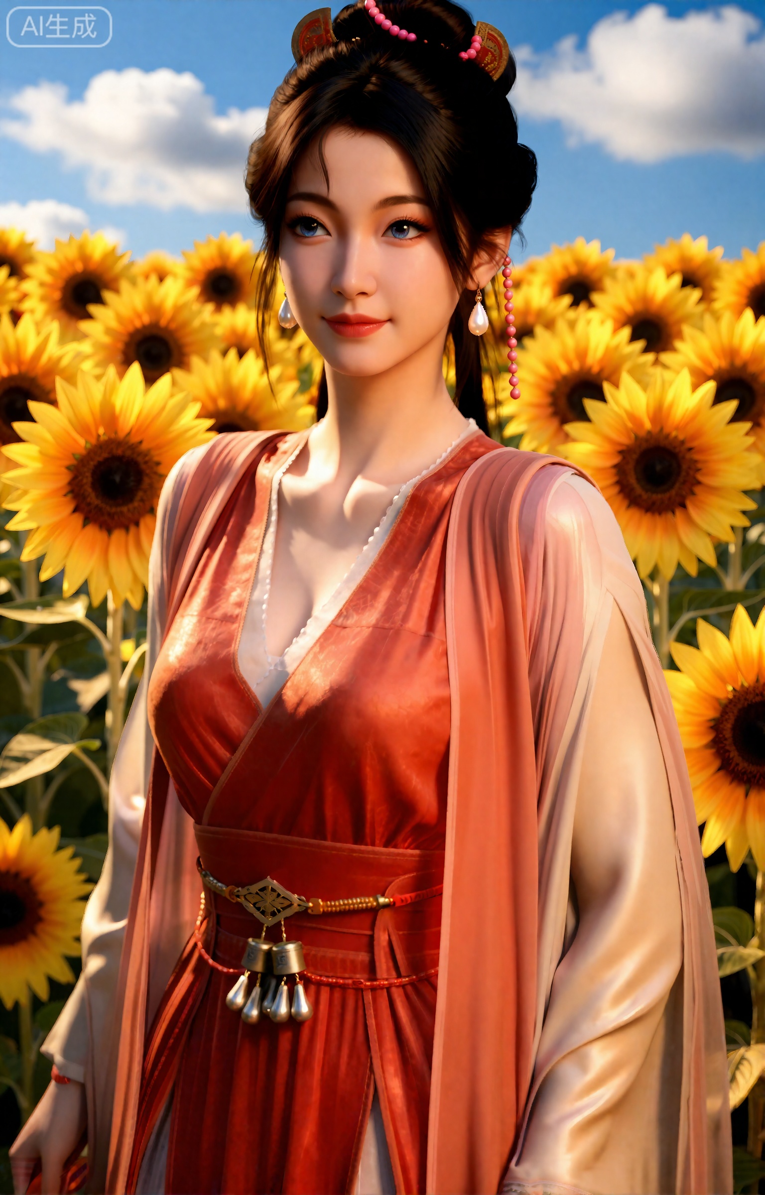 慕沛灵,身着一袭橘红色长裙,外披粉白薄纱,站在成片的向日葵花田中。她的发间戴着红粉相间的珠链,搭配水滴形珍珠耳坠,腰间红色绸带两端的银铃轻轻晃动。阳光洒在她身上,照亮了她略带羞怯与温柔的脸庞,背景是金黄色的向日葵花海,与她的红衣形成鲜明对比,天空湛蓝,飘着几朵蓬松的白云。