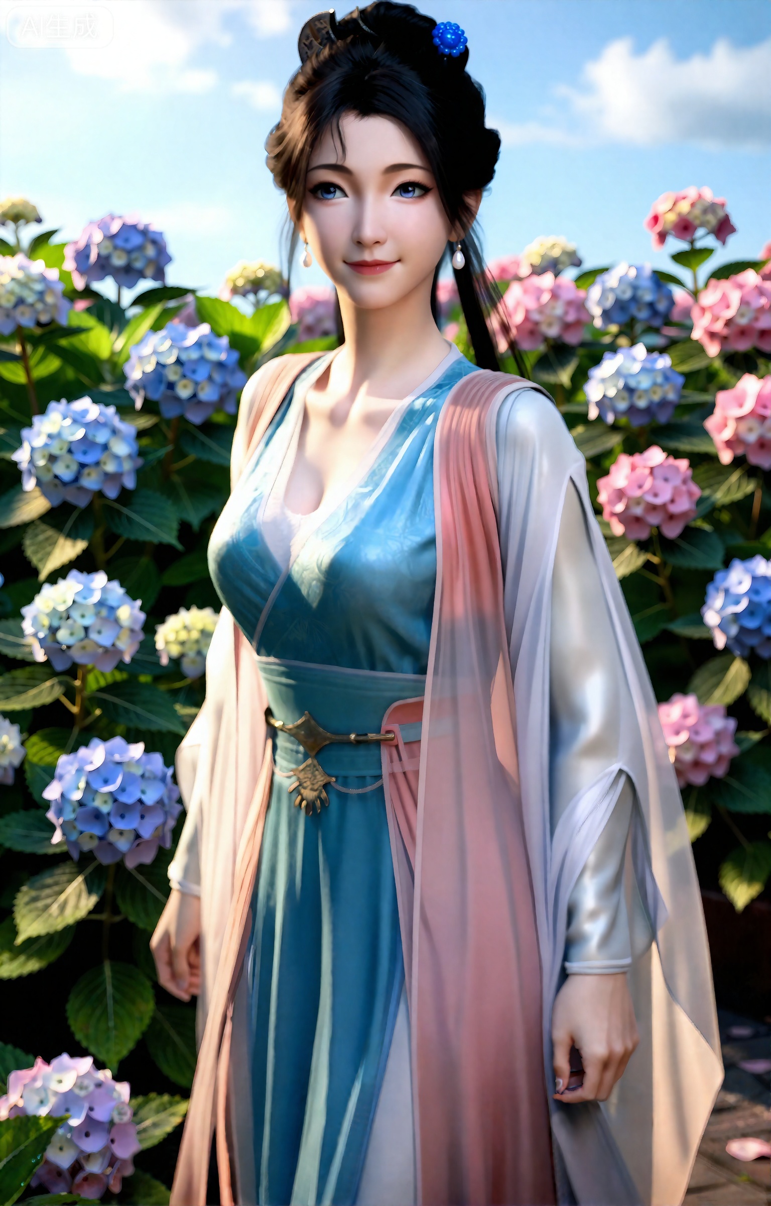 《凡人修仙传》动漫正版风格,慕沛灵,身着天蓝色齐胸襦裙,裙摆绣浅蓝色绣球花纹,外罩一层半透的白色纱衣,乌发松松挽起,插一支蓝色绣球花发簪,耳戴珍珠耳坠,面容恬静,眼神柔和,嘴角带一丝浅笑。站在大片盛放的绣球花丛中,绣球花有蓝、粉、白三色,花球饱满圆润,叶片翠绿,背景是明亮的夏日天光,光线充足但不刺眼,微风拂动衣摆与花枝,整体氛围温柔恬静,清新自然,8K超清,色彩明快柔和,细节纹理细腻,光影均匀,治愈系色调