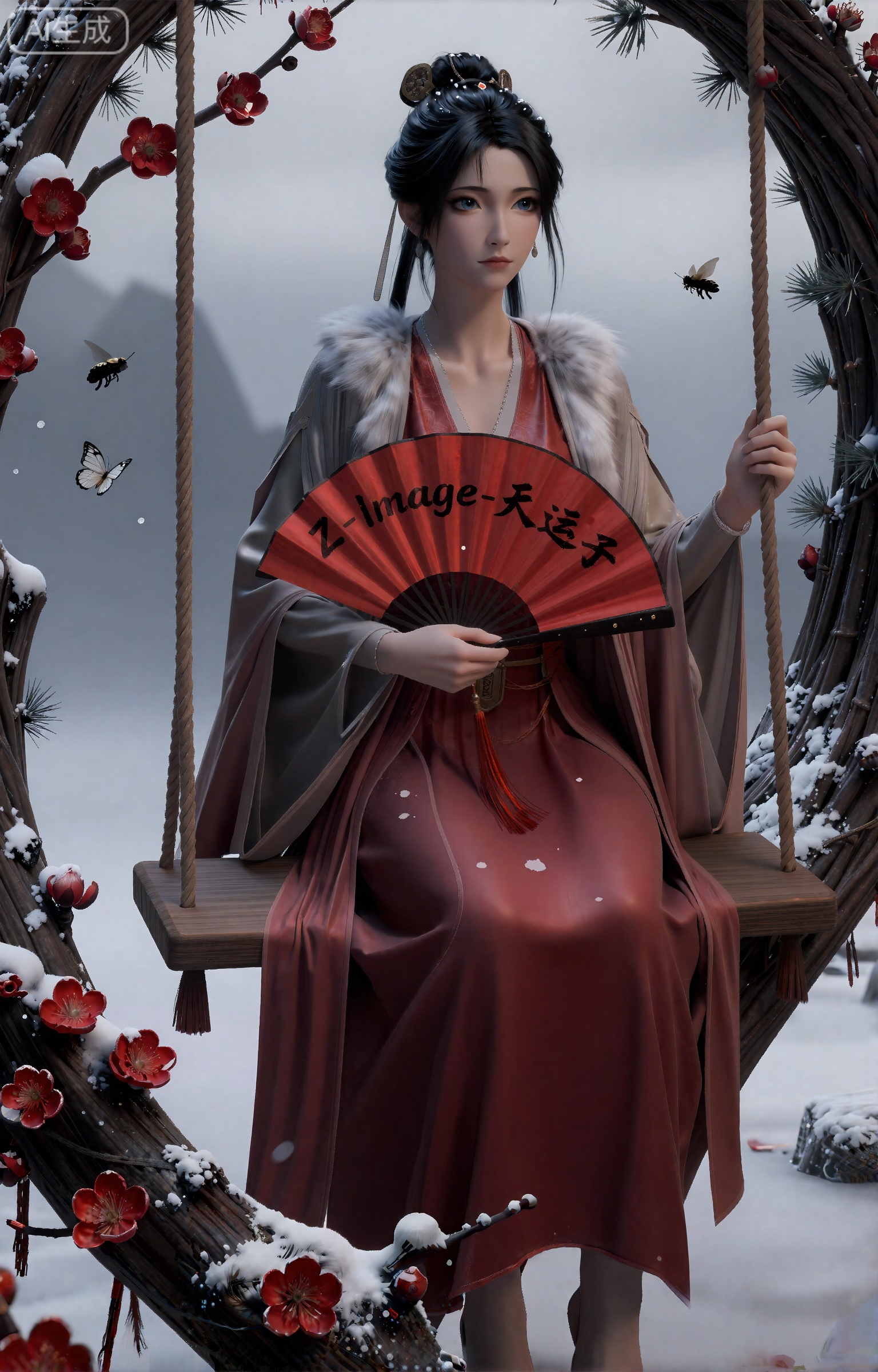 凡人修仙传》动漫正版风格,慕沛灵,身着大红斗篷（领口袖口镶白狐毛）,内搭墨色紧身长裙,乌发束起用墨玉梅花簪固定,发丝落少许雪花,面容清冷眼神坚定。端坐于红梅花瓣与松枝编织的秋千上,秋千绳索缠绕松枝与红丝带,下方垂落红梅枝与白雪；右手轻握一柄红黑相间古风扇子,扇面为深红色宣纸,清晰印有“Z-Image-天运子”黑色篆书字样,扇骨为黑檀木,镶嵌红玛瑙,扇穗为深红流苏；四周是覆雪的红梅枝,红梅傲然绽放,蜂蝶（白蝶、黑蜂）不畏寒意在花间飞舞,背景是漫天飘雪的灰白天空,地面覆雪,光线为冷调天光,雪花落在斗篷、发丝与扇面上,秋千轻晃带动雪花飘落,整体氛围清冷孤傲,凄美仙气,8K超清,冷色调为主,雪的质感蓬松,梅枝纹理清晰,电影级场景感
