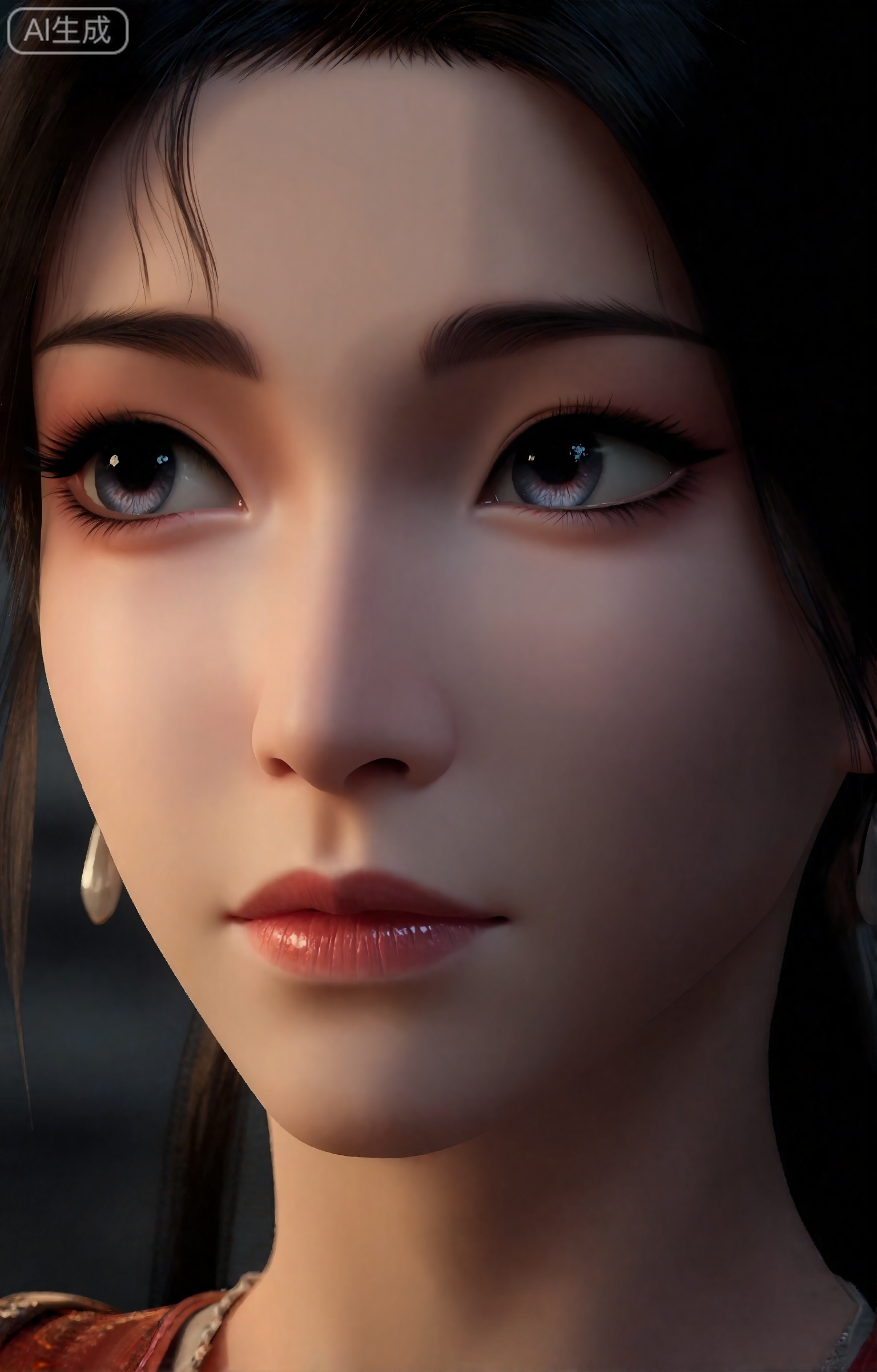 《凡人修仙传》动漫正版风格,慕沛灵面部特写（眉眼到下巴构图）,五官精致匀称,下巴略尖线条柔和,嘴唇饱满莹润呈自然粉红色,唇纹细腻不夸张；眉如远山淡黛,弧度柔和,眼眸清澈透亮,眼型偏杏眼带轻微卧蚕,眼神淡然温婉,眼尾微微上翘；鼻梁高挺适中,鼻翼小巧；皮肤白皙细腻有光泽,略带自然通透感,无明显毛孔；乌发碎发轻贴鬓角,发色乌黑发亮；光线为柔和暖光,从斜上方照射,形成轻微明暗对比,突出面部轮廓与五官立体感；8K超清,电影级光影,面部细节纹理清晰,色彩真实自然,无过度磨皮,保留细腻质感,仙气内敛