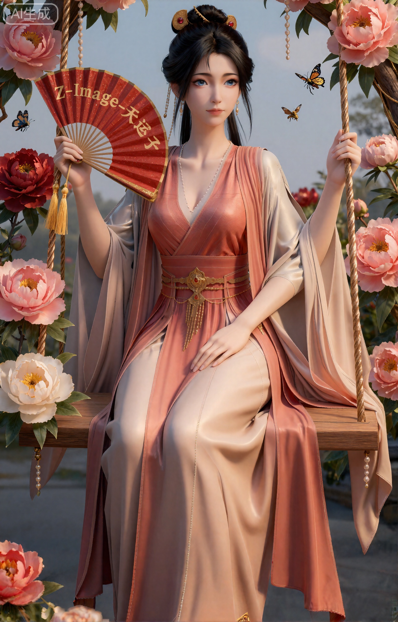 《凡人修仙传》动漫正版风格,慕沛灵,身着淡粉描金交领长裙,裙摆绣繁复牡丹纹样,外披淡金薄纱,乌发高挽惊鸿髻,插金步摇与红宝石钗,耳戴金镶玉耳坠,妆容淡雅。端坐于红粉白三色牡丹花瓣编织的秋千上,秋千绳索缠绕牡丹枝与金线,下方垂落金色花穗与珍珠串；右手轻握一柄金红相间古风扇子,扇面为深红色洒金宣纸,清晰印有“Z-Image-天运子”金色隶书字样,扇骨为鎏金材质,镶嵌红宝石,扇穗为金黄流苏；四周是盛放的硕大牡丹,蜂蝶（彩蝶、金蜂）围绕飞舞,背景是春日明媚天光,光线充足柔和,透过花叶洒下斑驳光影,衣摆金线闪烁,秋千轻晃带动花穗飘动,整体氛围雍容清雅,仙气华贵,8K超清,油画般质感,细节丰富,色彩协调