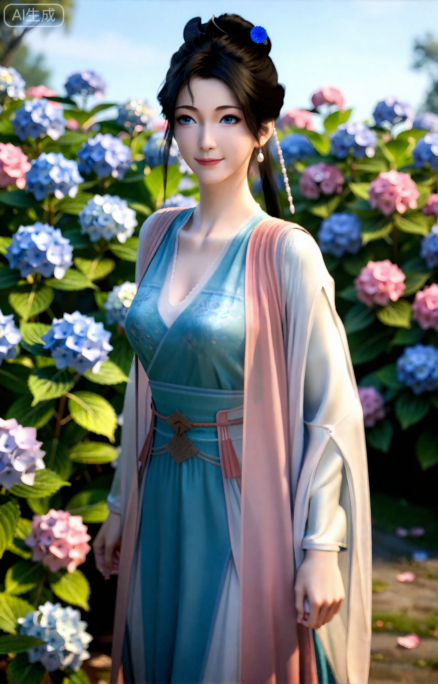 《凡人修仙传》动漫正版风格,慕沛灵,身着天蓝色齐胸襦裙,裙摆绣浅蓝色绣球花纹,外罩一层半透的白色纱衣,乌发松松挽起,插一支蓝色绣球花发簪,耳戴珍珠耳坠,面容恬静,眼神柔和,嘴角带一丝浅笑。站在大片盛放的绣球花丛中,绣球花有蓝、粉、白三色,花球饱满圆润,叶片翠绿,背景是明亮的夏日天光,光线充足但不刺眼,微风拂动衣摆与花枝,整体氛围温柔恬静,清新自然,8K超清,色彩明快柔和,细节纹理细腻,光影均匀,治愈系色调