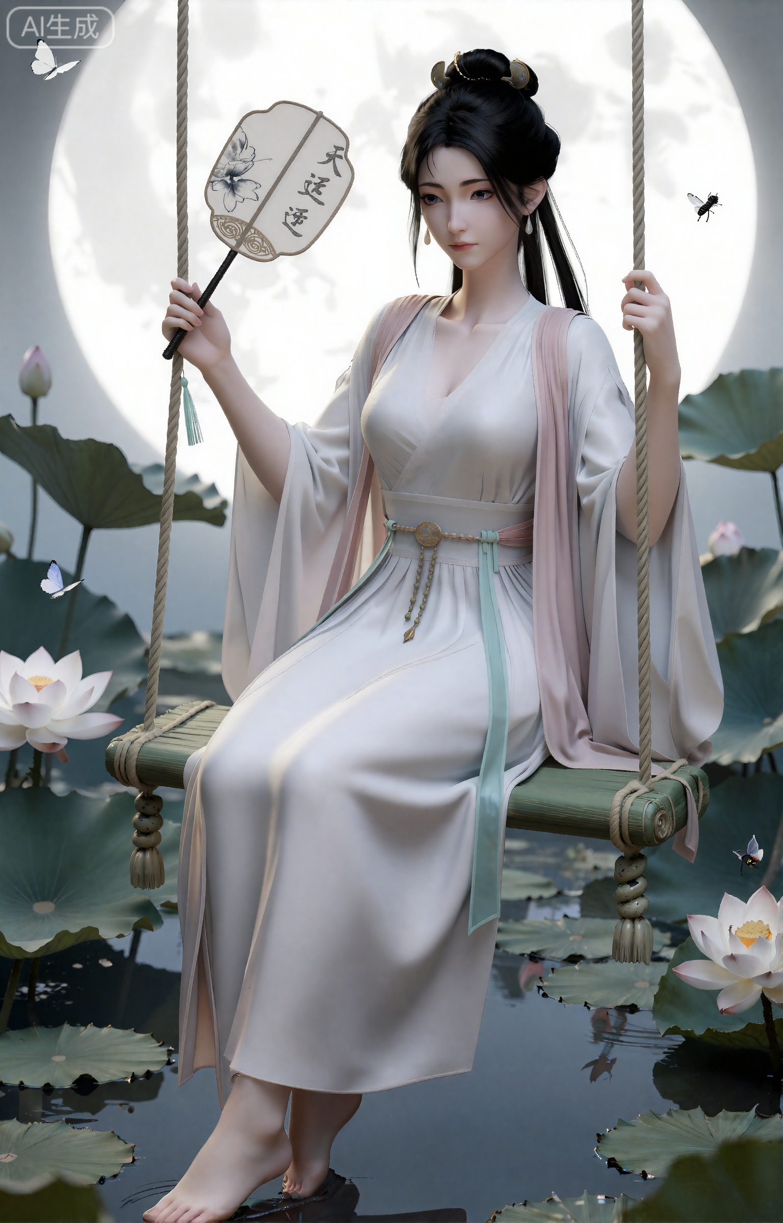 《凡人修仙传》动漫正版风格,慕沛灵,身着素白绫罗长裙,裙摆绣暗纹荷花,腰间系浅青丝带,乌发梳垂鬟分肖髻,仅用玉簪固定,面容清丽,眉眼清冷。斜坐于白荷花与碧绿荷叶编织的秋千上,秋千绳索缠绕荷梗与淡青丝带,下方垂落莲子串；左手轻执一柄素白描墨古风扇子,扇面覆半透蝉翼纱,清晰印有“Z-Image-天运子”深灰篆书字样,扇骨为墨玉材质,扇穗为浅青流苏；四周荷塘水面漂浮白荷与粉荷,蜂蝶（白蝶、黑蜂）在花间与秋千旁飞舞,背景是朦胧的荷塘月色,银白清辉洒下,水面倒映月影与人物身影,空气氤氲荷香,整体氛围清冷静谧,禅意十足,8K超清,水墨风笔触融合写实质感,光影柔和,层次分明