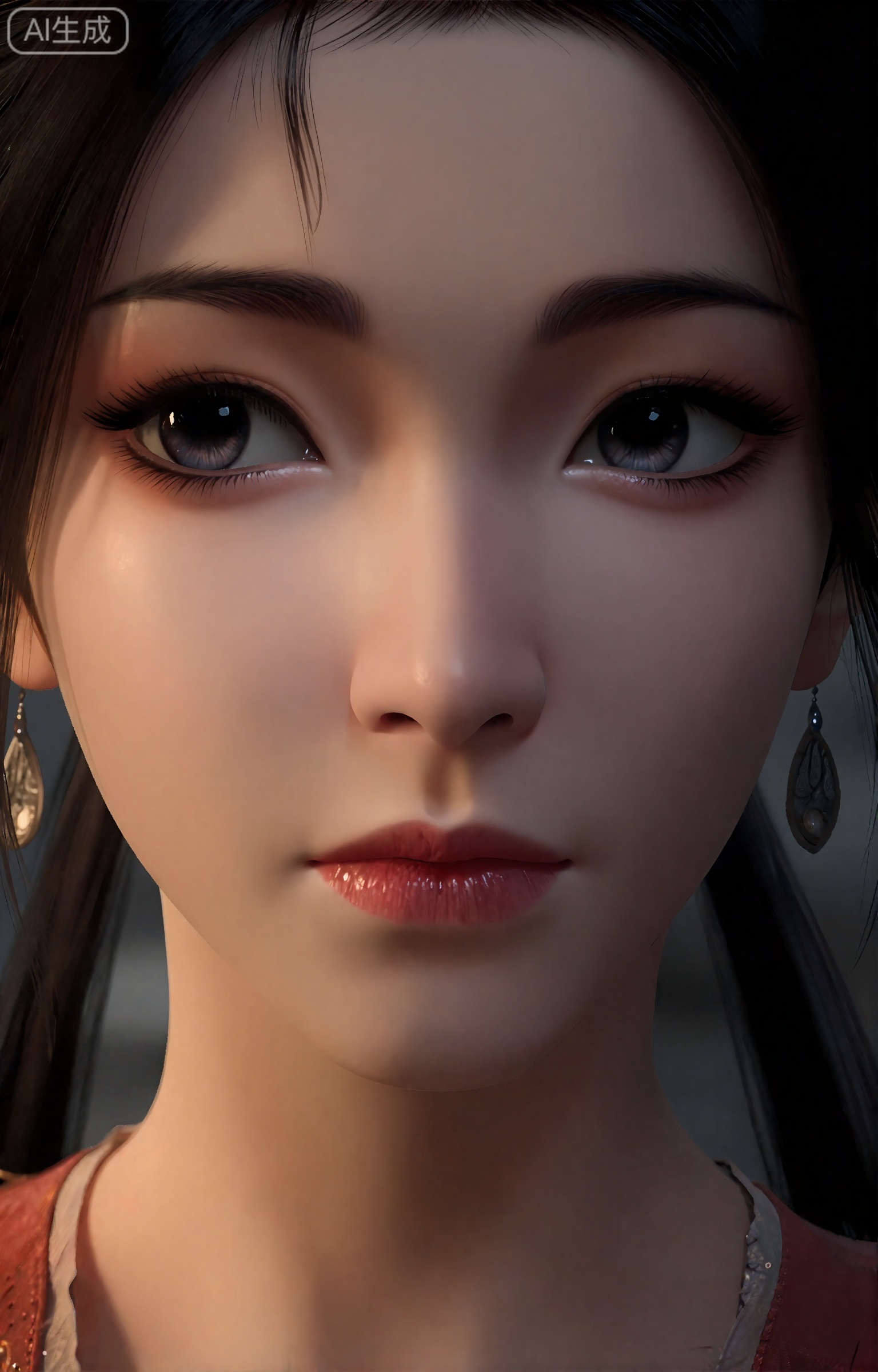 《凡人修仙传》动漫正版风格,慕沛灵面部特写（眉眼到下巴构图）,五官精致匀称,下巴略尖线条柔和,嘴唇饱满莹润呈自然粉红色,唇纹细腻不夸张；眉如远山淡黛,弧度柔和,眼眸清澈透亮,眼型偏杏眼带轻微卧蚕,眼神淡然温婉,眼尾微微上翘；鼻梁高挺适中,鼻翼小巧；皮肤白皙细腻有光泽,略带自然通透感,无明显毛孔；乌发碎发轻贴鬓角,发色乌黑发亮；光线为柔和暖光,从斜上方照射,形成轻微明暗对比,突出面部轮廓与五官立体感；8K超清,电影级光影,面部细节纹理清晰,色彩真实自然,无过度磨皮,保留细腻质感,仙气内敛