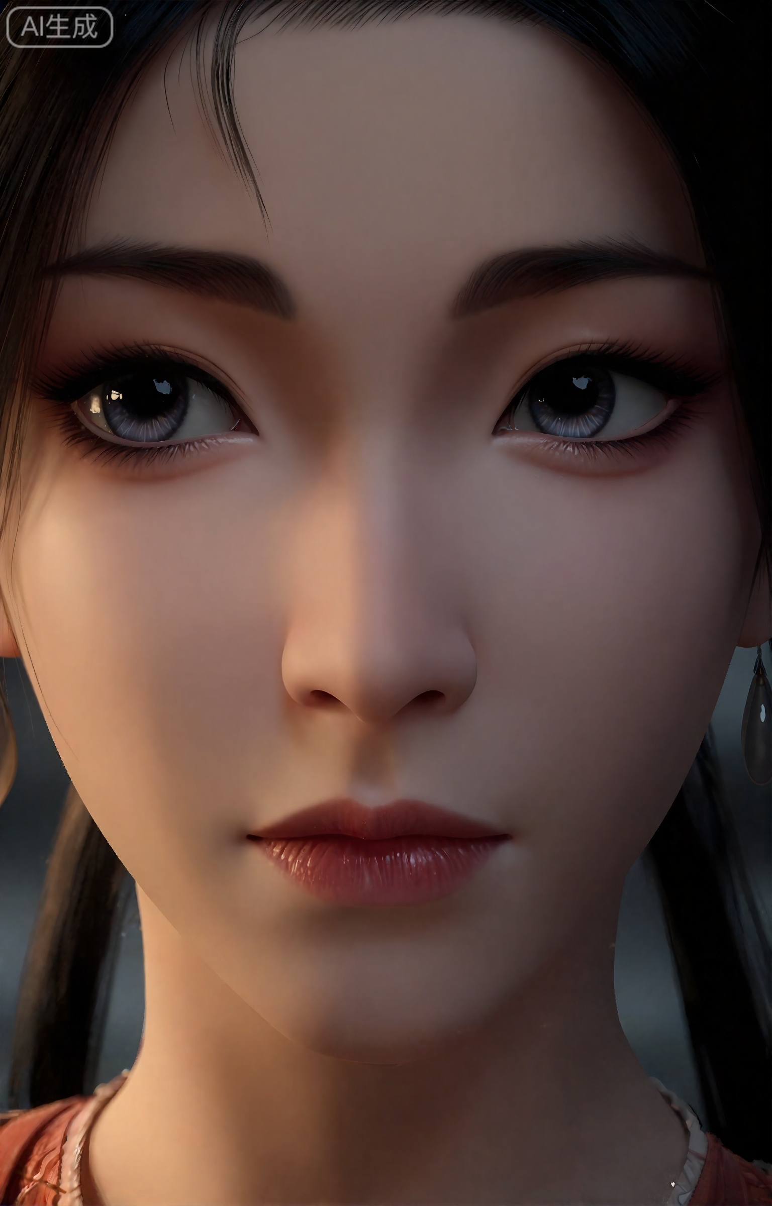 《凡人修仙传》动漫正版风格,慕沛灵面部特写（眉眼到下巴构图）,五官精致匀称,下巴略尖线条柔和,嘴唇饱满莹润呈自然粉红色,唇纹细腻不夸张；眉如远山淡黛,弧度柔和,眼眸清澈透亮,眼型偏杏眼带轻微卧蚕,眼神淡然温婉,眼尾微微上翘；鼻梁高挺适中,鼻翼小巧；皮肤白皙细腻有光泽,略带自然通透感,无明显毛孔；乌发碎发轻贴鬓角,发色乌黑发亮；光线为柔和暖光,从斜上方照射,形成轻微明暗对比,突出面部轮廓与五官立体感；8K超清,电影级光影,面部细节纹理清晰,色彩真实自然,无过度磨皮,保留细腻质感,仙气内敛