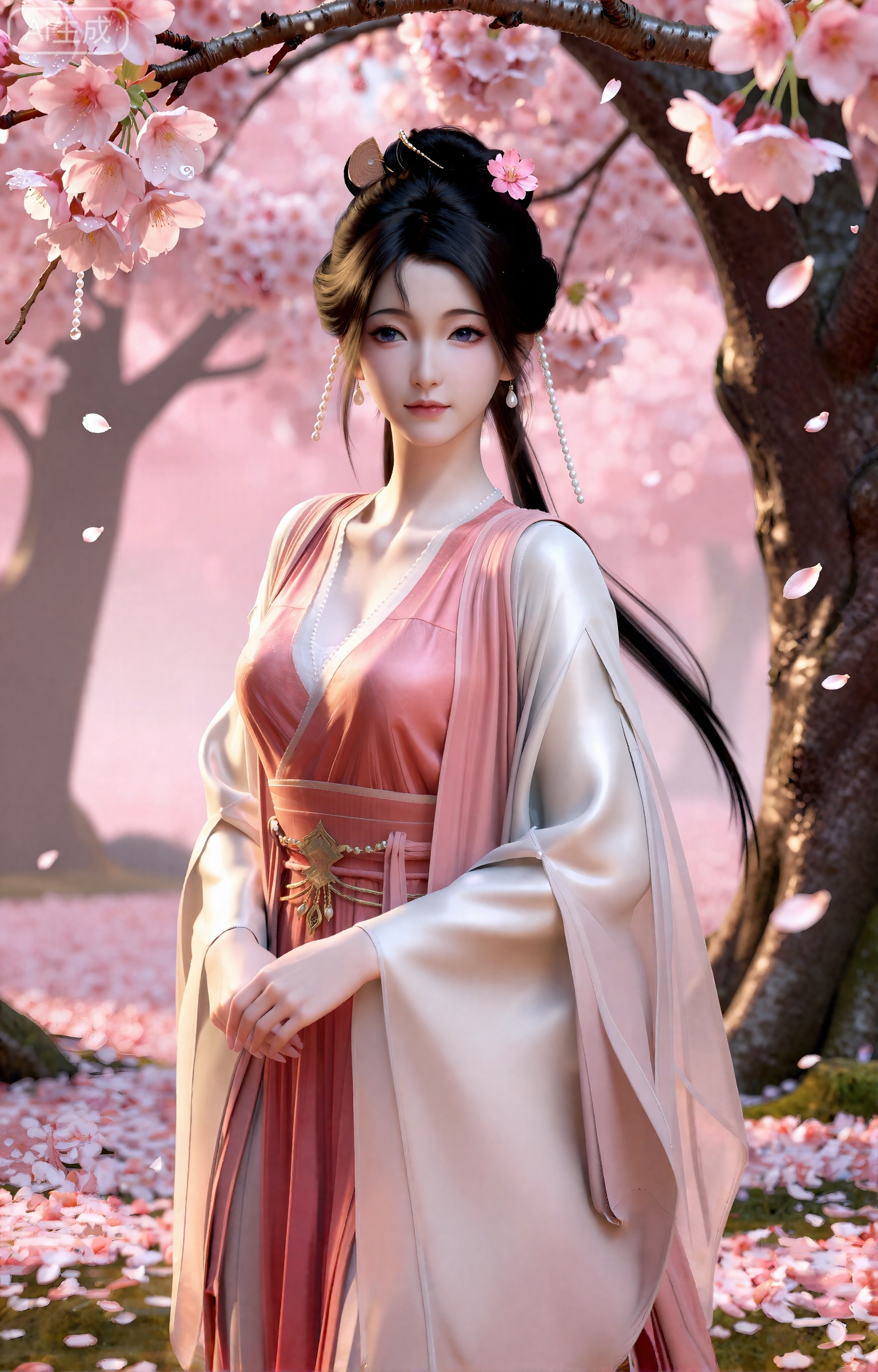 动漫正版风格,慕沛灵,18岁少女,身着月白镶粉边广袖襦裙,外罩半透纱衣,乌发松挽斜插一支粉樱发簪,耳坠是珍珠串流苏,身姿清瘦温婉,眼神淡然带柔。站在漫天飘落的晚樱林下,脚下铺着粉白花瓣,四周是枝繁叶茂的樱树,花朵饱满粉嫩,部分带露珠,背景是朦胧的浅粉色光晕,光线柔和如春日暖阳,微风拂动衣摆与发丝,花瓣纷飞,整体氛围柔婉静谧,仙气内敛,8K超清,电影级光影,细节纹理清晰,景深效果