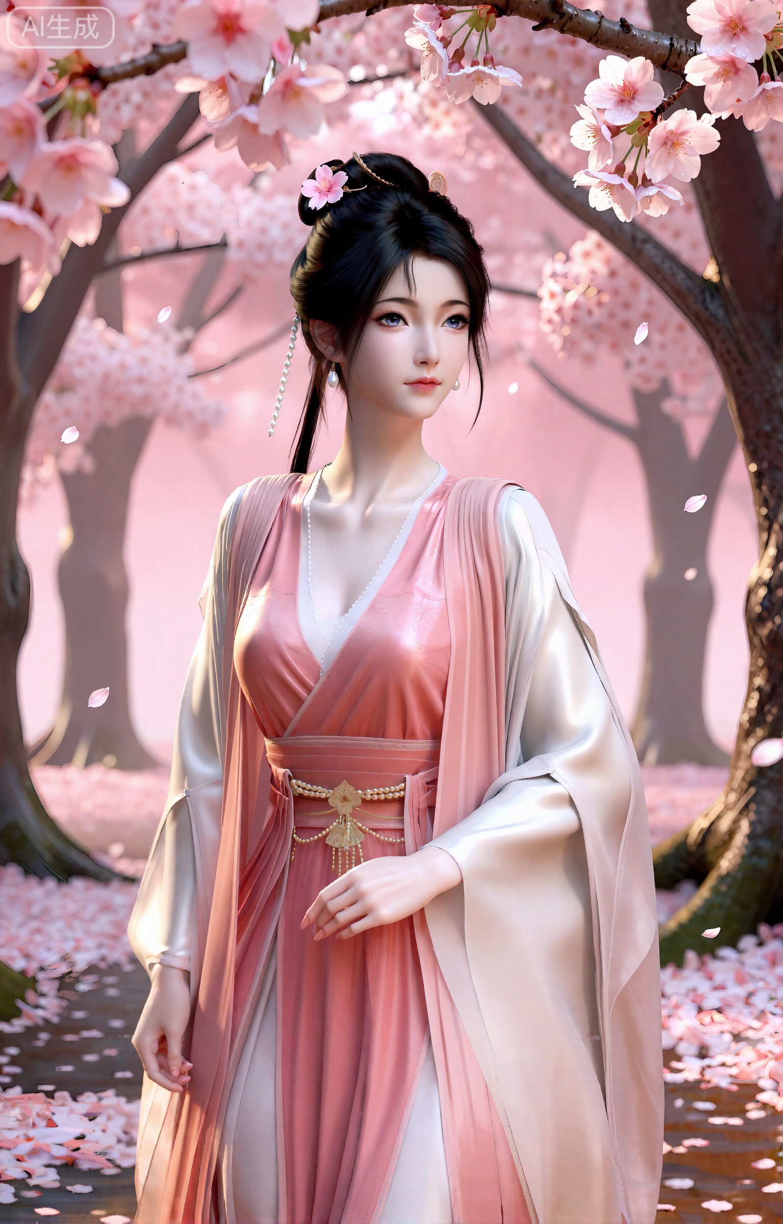 动漫正版风格,慕沛灵,18岁少女,身着月白镶粉边广袖襦裙,外罩半透纱衣,乌发松挽斜插一支粉樱发簪,耳坠是珍珠串流苏,身姿清瘦温婉,眼神淡然带柔。站在漫天飘落的晚樱林下,脚下铺着粉白花瓣,四周是枝繁叶茂的樱树,花朵饱满粉嫩,部分带露珠,背景是朦胧的浅粉色光晕,光线柔和如春日暖阳,微风拂动衣摆与发丝,花瓣纷飞,整体氛围柔婉静谧,仙气内敛,8K超清,电影级光影,细节纹理清晰,景深效果