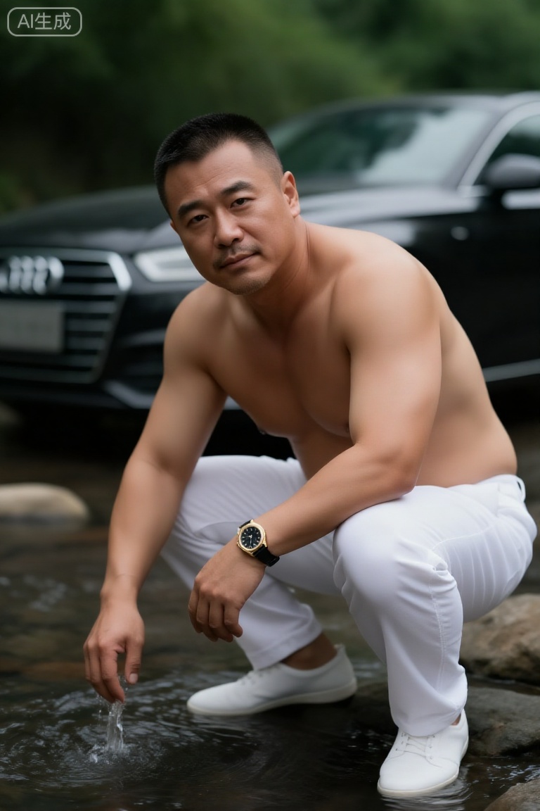 DYWH,A middle-aged man with a tough, masculine face and neat short hair. He is shirtless, with a muscle-covered-by-fat yet tight body, and powerful muscle lines. Wearing white casual pants, white shoes, and a watch with a black dial and golden frame on his left wrist. He squats in the stream, playing with water, with a black Audi parked behind and lush greenery around.