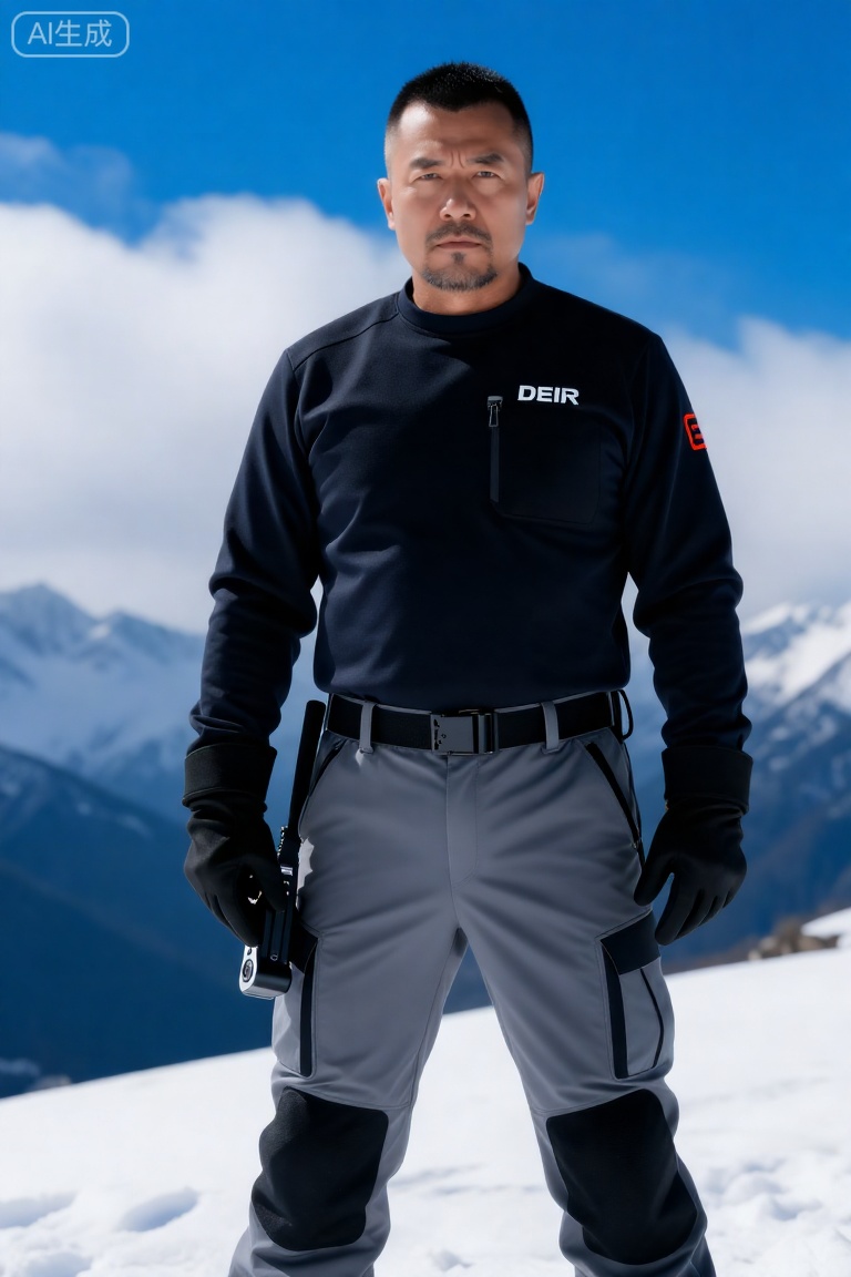 DYWH,A middle-aged man with a tough face, a crew cut, and a determined look. He is wearing a dark functional top with logos such as "DEIR", paired with light gray cargo pants (with knee pads and strap designs on the legs), black gloves, and holding equipment. He stands in a snowy mountain scene with clouds and blue sky in the background.