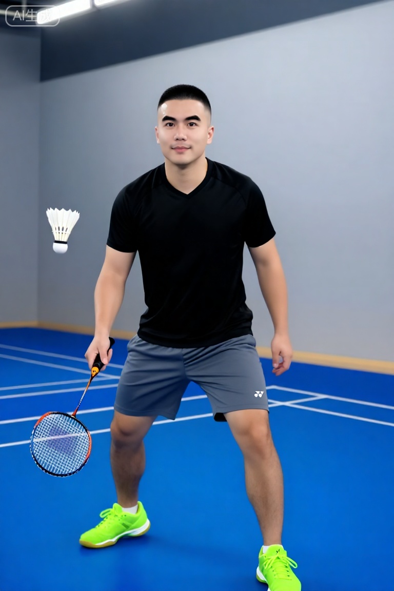 DYWH,A male with neat short hair, featuring a rounded facial contour, a full and smooth forehead, and thick, neatly-shaped eyebrows that exude a steady aura. His eyes are bright and sharp, with a calm and composed gaze, and the corners of his mouth are slightly upturned, radiating a friendly and approachable temperament. He has a strong, solid build, and his calm, confident demeanor fully embodies a down-to-earth and reliable vibe.He is in an indoor badminton court, holding a badminton racket in a striking posture— a white shuttlecock hovers beside him, with a dynamic trail trailing behind it. He’s dressed in a black short-sleeved sports top, gray athletic shorts, and bright neon green sports shoes. The background consists of a blue court with white markings, paired with light gray walls; bright indoor lights spread evenly, highlighting his relaxed sports posture while making the details of his expression and the clear texture of the court more vivid.