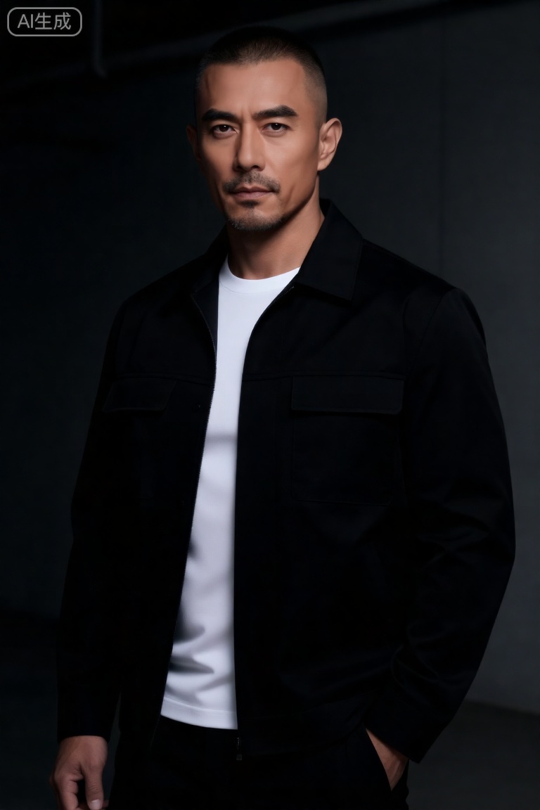 DYWH,30岁中年男性,寸头短发,面部轮廓分明,眉骨立体,眼神坚定锐利,下颌线清晰有棱角,气质阳刚硬朗,自带沉稳气场；身穿黑色简约工装夹克/白色纯棉打底衫,肩线挺拔,姿态端正（站姿挺拔不僵硬,手部自然垂放或插兜）；背景为工业风纯色背景（深灰/水泥色）,侧光勾勒肌肉线条与面部轮廓,高对比度,质感细腻,8K高清,细节拉满（胡茬纹理、衣物褶皱清晰可见）