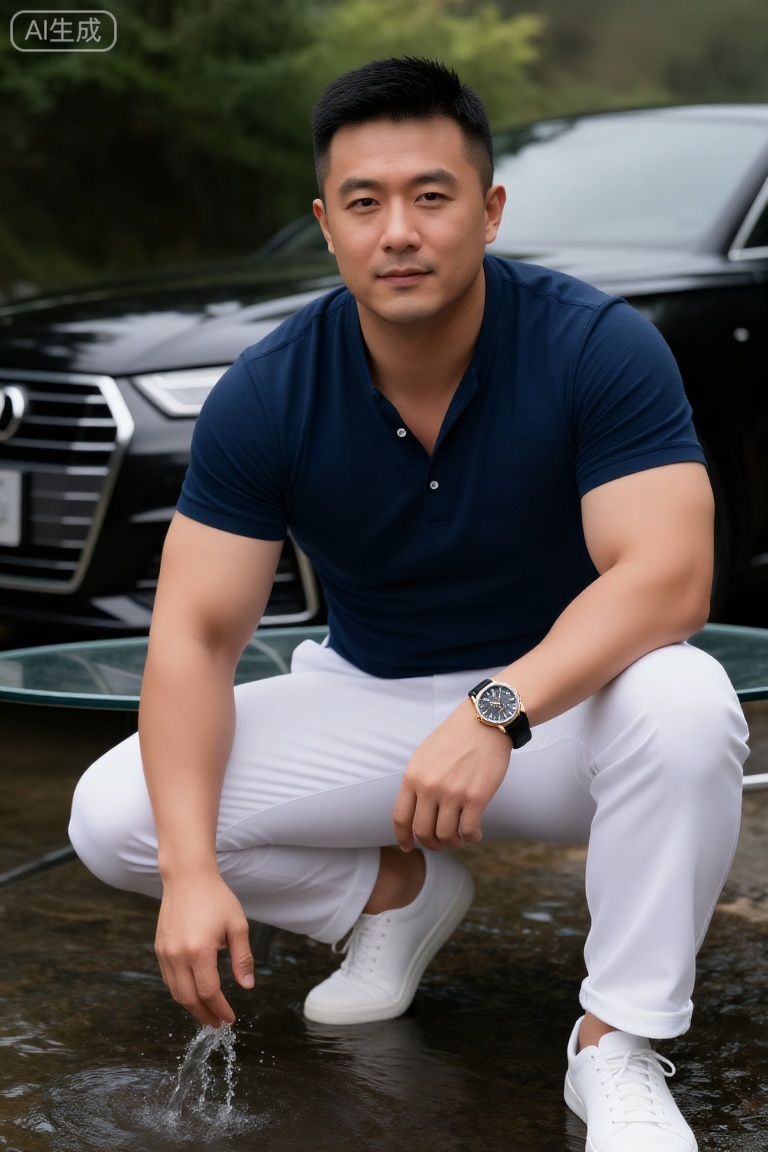 一名男子留着黑色短发,中等身材,身穿深蓝色纽扣衬衫。他坐在光线柔和的房间里的一张玻璃顶桌子旁,男人表情平淡,浅浅的笑意,肌肉虽被脂肪包裹却紧实有力,肌肉线条分明。左腕佩戴着黑色表盘与金色表框的腕表,身着白色休闲裤与白色运动鞋。他正蹲在溪水中嬉戏,身后停着一辆黑色奥迪车,四周环绕着郁郁葱葱的绿植。