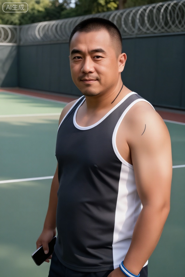 DYWH,Chen Jianbin, a 43-year-old middle-aged man, has a calm temperament and a sense of strength. He has a short buzzcut, stubble on his face, deep eyes, and a few fine lines appearing at the corners of his eyes when he smiles. The body type belongs to the fat-packed muscle type. Although the muscle lines are covered with fat, they still look strong. There is a black abstract line tattoo on his right arm.

Wearing a dark gray and white sports vest with a black thong, a blue and white sports bracelet on his left wrist, and a black mobile phone in his right hand.

Standing beside the outdoor football field, the background is a green basketball court and a gray barbed wire fence. The sun shines down, creating mottled light and shadow on the ground.