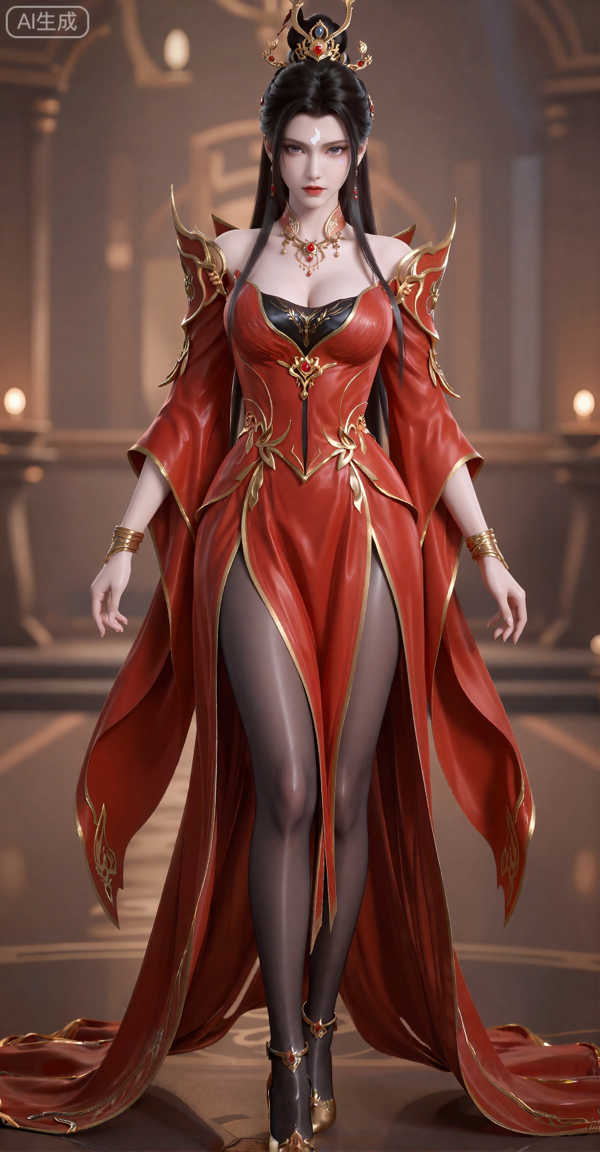 luxueqi,
她有着黑色的长发,有着高高的发髻,发髻上有着镶嵌着宝石的精美发饰,画着淡妆,灰色的眼睛下面有闪耀着淡淡光芒的光粉,浅红色的口红,眉心有着一个酷似月牙的白色印记,肌肤胜雪,白里透红,半身像。
她穿着一件精心制作的红色镶金连衣裙,低领款式,但有黑色的丝质布料包裹住丰满的胸脯,裙子两边都有高开叉,露出她那黑色透明的裤袜腿,双腿修长匀称,裙子还有着华丽的翅膀装肩饰。

她两只手腕都戴着精致的金手镯,还有一条与之匹配的精美项链,项链中间镶嵌着红宝石,她脚上穿着一双设计复杂的金色高跟鞋。
