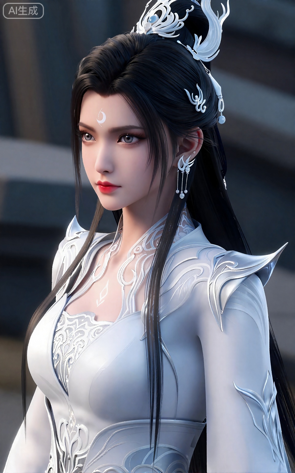 luxueqi,
她有着黑色的长发,有着高高的发髻,发髻上有着镶嵌着宝石的精美发饰,画着淡妆,灰色的眼睛下面有闪耀着淡淡光芒的光粉,浅红色的口红,眉心有着一个酷似月牙的白色印记,肌肤胜雪,白里透红,半身像。
她穿着一件白色的、设计复杂的长袍,上面有精美的图案和纹理。这件长袍有一个高领,装饰着银色和精致的漩涡图案。长袍的前襟略微打开,露出一件白色的、华丽的内衣,上面有类似的图案。她的右肩覆盖着一个银色的护肩,设计微妙,波浪状,为她优雅的着装增添了一丝盔甲般的保护。她戴着小巧精致的银耳环。
