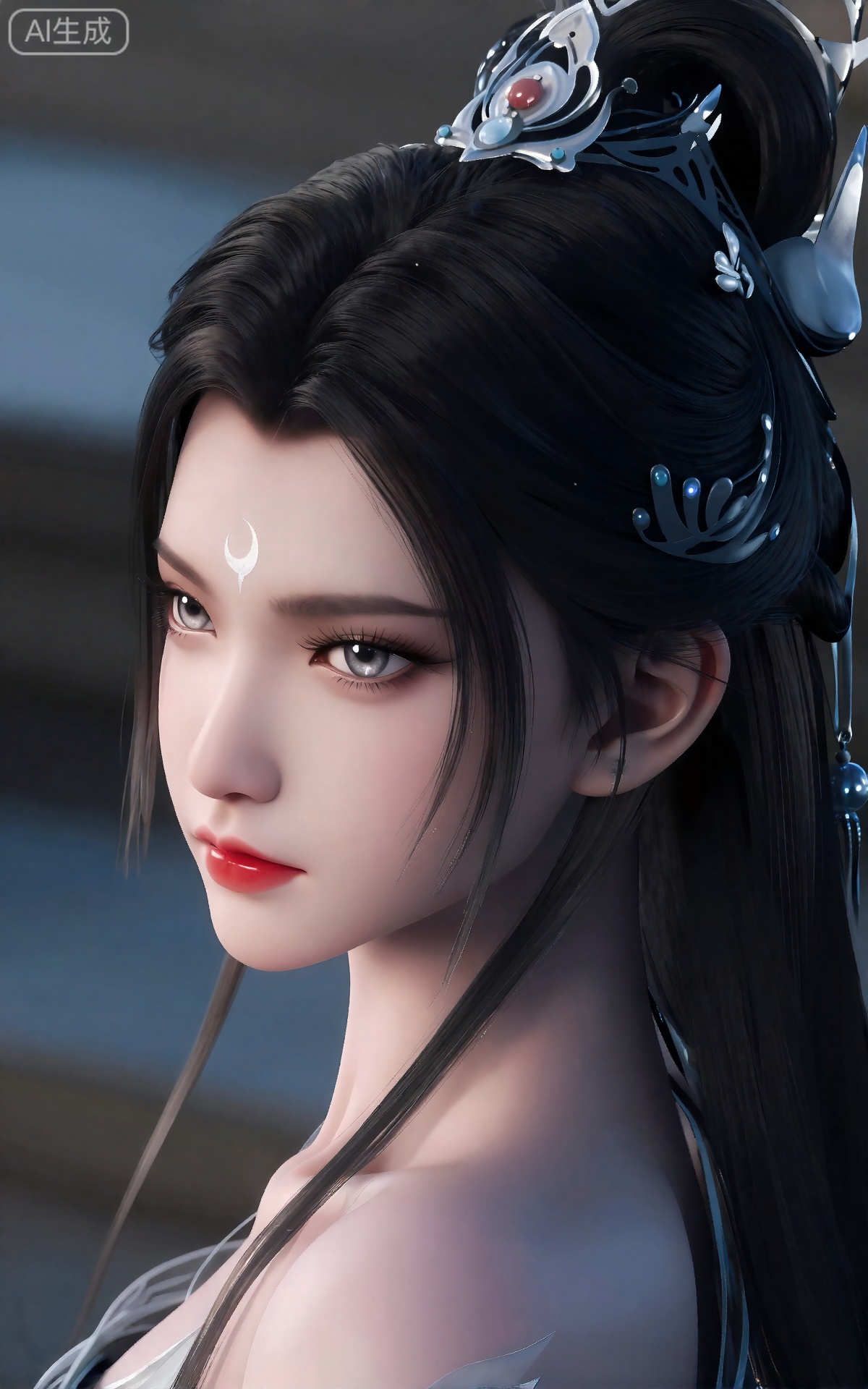 luxueqi,
她有着黑色的长发,有着高高的发髻,发髻上有着镶嵌着宝石的精美发饰,画着淡妆,灰色的眼睛下面有闪耀着淡淡光芒的光粉,浅红色的口红,眉心有着一个酷似月牙的白色印记,肌肤胜雪,白里透红,半身像。