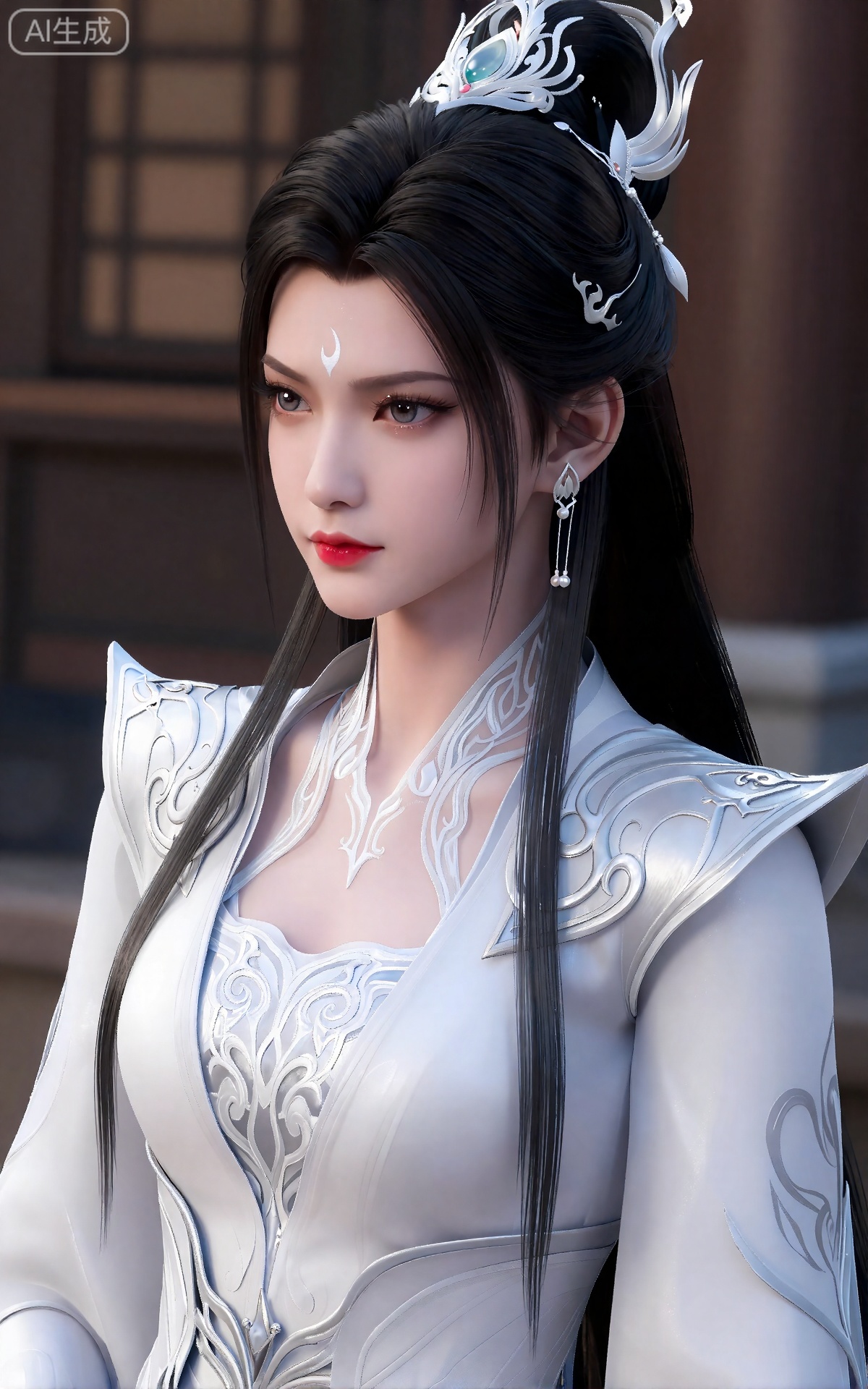 luxueqi,
她有着黑色的长发,有着高高的发髻,发髻上有着镶嵌着宝石的精美发饰,画着淡妆,灰色的眼睛下面有闪耀着淡淡光芒的光粉,浅红色的口红,眉心有着一个酷似月牙的白色印记,肌肤胜雪,白里透红,半身像。
她穿着一件白色的、设计复杂的长袍,上面有精美的图案和纹理。这件长袍有一个高领,装饰着银色和精致的漩涡图案。长袍的前襟略微打开,露出一件白色的、华丽的内衣,上面有类似的图案。她的右肩覆盖着一个银色的护肩,设计微妙,波浪状,为她优雅的着装增添了一丝盔甲般的保护。她戴着小巧精致的银耳环。