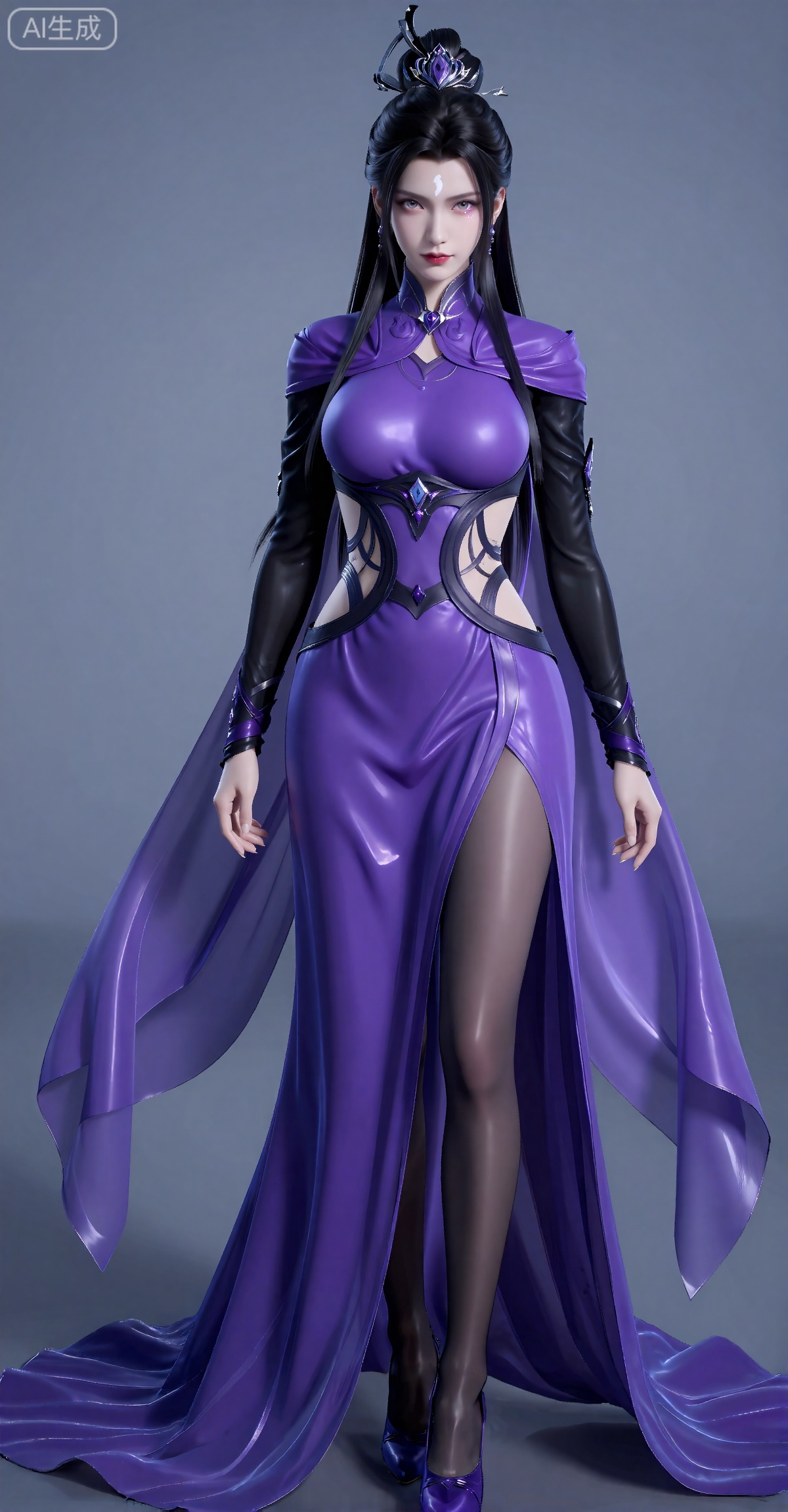 luxueqi,
她有着黑色的长发,有着高高的发髻,发髻上有着镶嵌着宝石的精美发饰,画着淡妆,灰色的眼睛下面有闪耀着淡淡光芒的光粉,浅红色的口红,眉心有着一个酷似月牙的白色印记,肌肤胜雪,白里透红,半身像。
她穿着一套引人注目的未来主义风格的紫色和黑色组合服装。她的上半身是黑色长袖,紫色的高领披在肩上。紫色衣物包裹住她丰满的胸脯,上衣腰间两侧有着切口,露出腰间的精美,在剪裁的下方,有一条紫色的丝带状设计环绕着她的腰部,并延伸成一条飘逸的紫色半透明裙子,一直延伸到地板上。这条裙子两边有一个高开衩,露出了她的黑色透明的裤袜腿,她穿着紫色的精美高跟鞋。