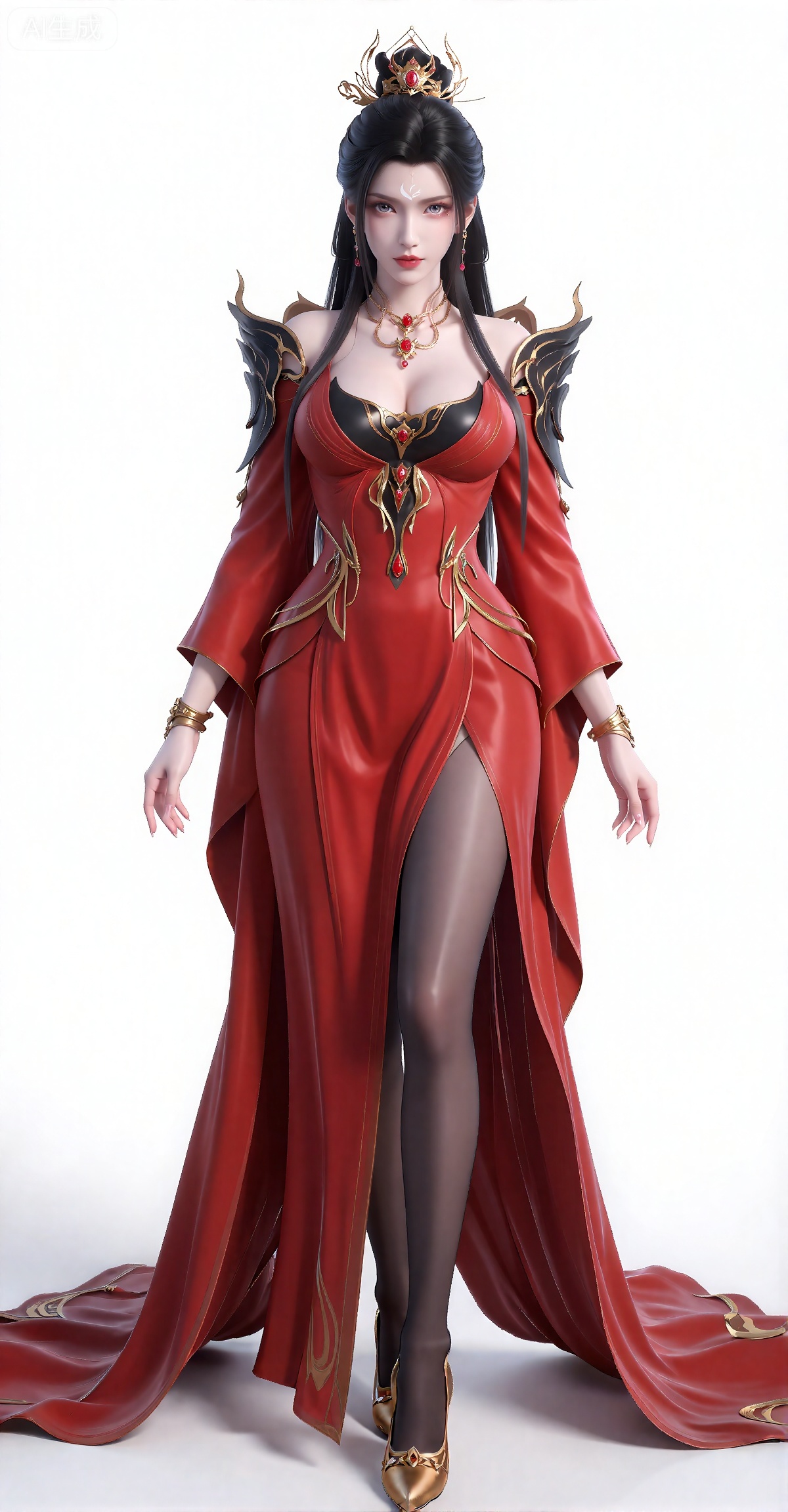luxueqi,
她有着黑色的长发,有着高高的发髻,发髻上有着镶嵌着宝石的精美发饰,画着淡妆,灰色的眼睛下面有闪耀着淡淡光芒的光粉,浅红色的口红,眉心有着一个酷似月牙的白色印记,肌肤胜雪,白里透红,半身像。
她穿着一件精心制作的红色镶金连衣裙,低领款式,但有黑色的丝质布料包裹住丰满的胸脯,裙子两边都有高开叉,露出她那黑色透明的裤袜腿,双腿修长匀称,裙子还有着华丽的翅膀装肩饰。

她两只手腕都戴着精致的金手镯,还有一条与之匹配的精美项链,项链中间镶嵌着红宝石,她脚上穿着一双设计复杂的金色高跟鞋。

