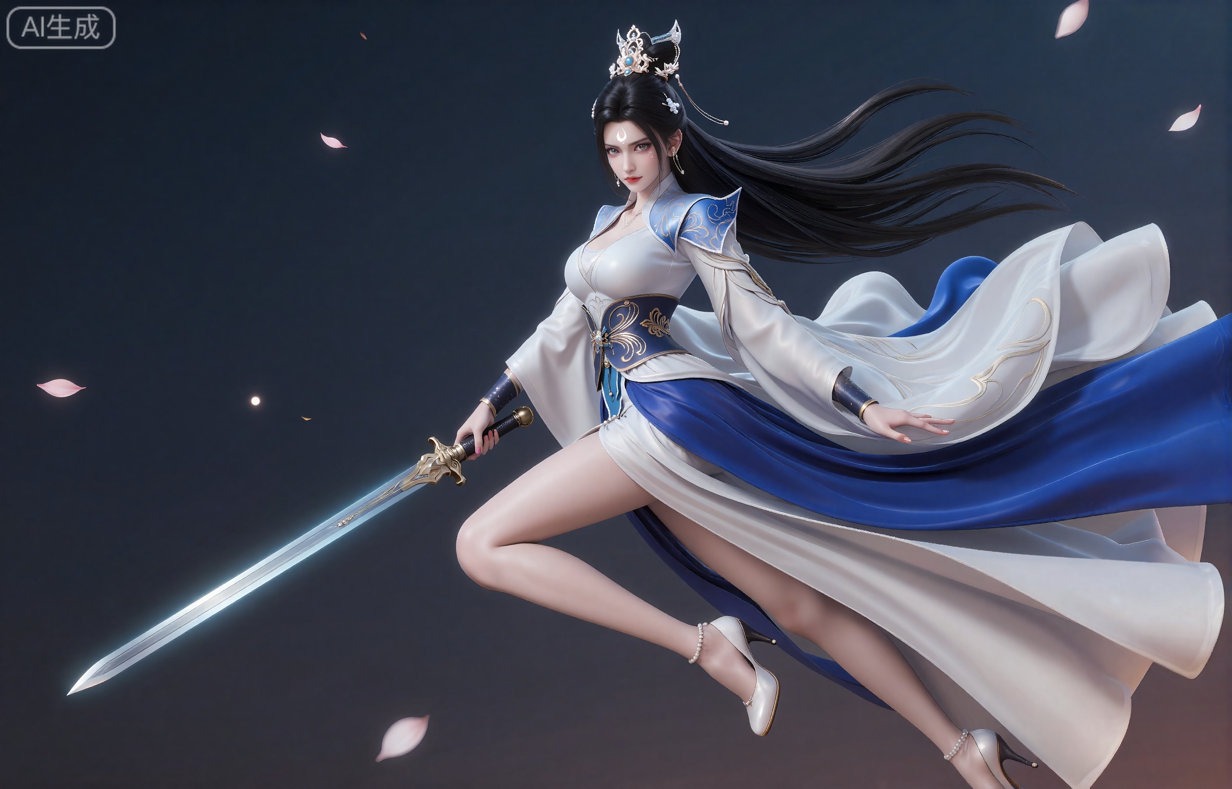 luxueqi,lvjing,
她有着黑色的长发,有着高高的发髻,发髻上有着镶嵌着宝石的精美发饰,画着淡妆,灰色的眼睛下面有闪耀着淡淡光芒的光粉,浅红色的口红,眉心有着一个酷似月牙的白色印记,肌肤胜雪,白里透红,
 她穿着一件靛蓝色和乳白色交织而成的汉服,衣服上有着精美的花纹和金线,分离式的袖子,宽袖,肩膀上披着飘带,修长的双腿穿着一双镶嵌着一颗珍珠的高跟鞋,她漂浮在空中,（一只手上拿着一把精美的宝剑,另一只手用剑指放在宝剑的剑身上面）,宝剑散发着淡蓝色的微光,风吹动她的头发和衣服,花瓣在空中飞舞,画面非常唯美。