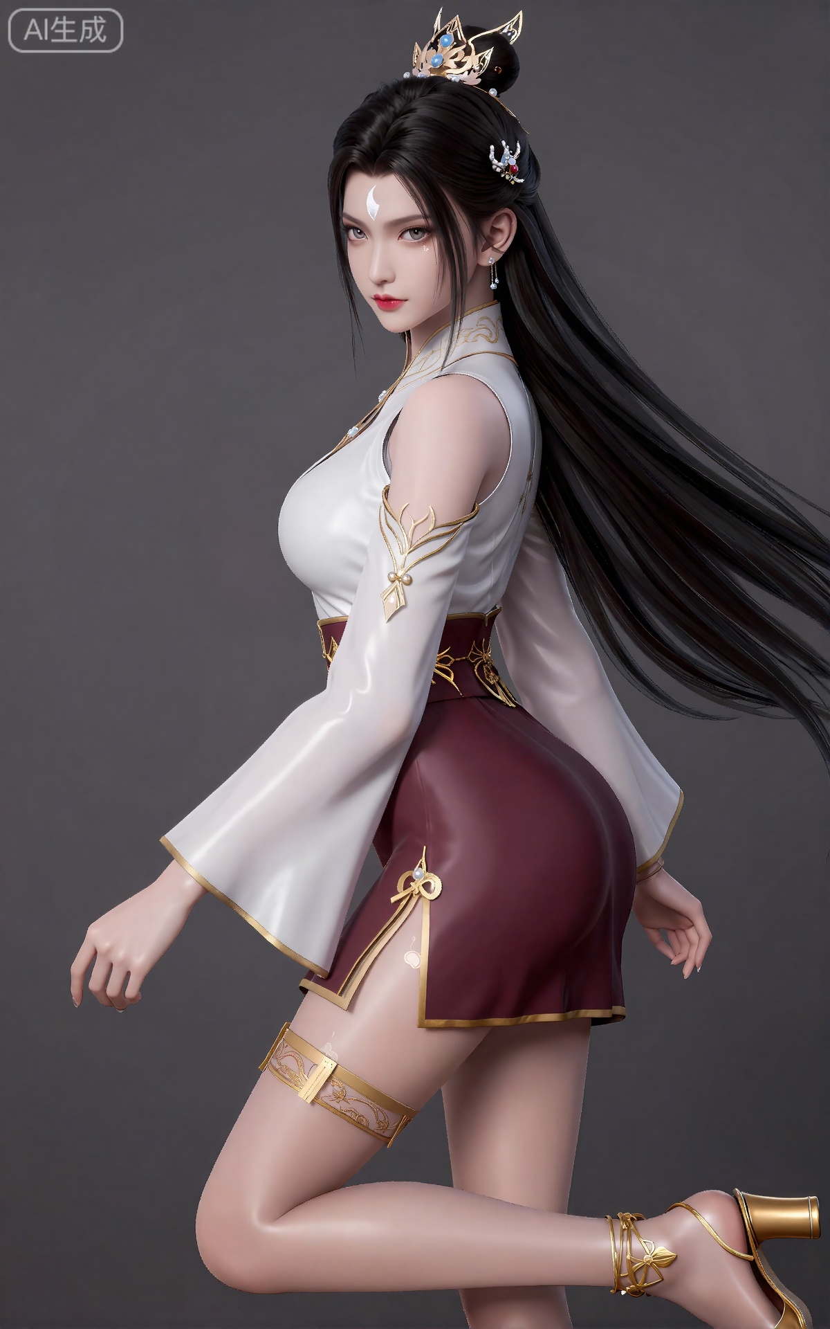 luxueqi,
她有着黑色的长发,有着高高的发髻,发髻上有着镶嵌着宝石的精美发饰,画着淡妆,灰色的眼睛下面有闪耀着淡淡光芒的光粉,浅红色的口红,眉心有着一个酷似月牙的白色印记,肌肤胜雪,白里透红,半身像。
她有一头长长的、飘逸的黑色头发,像瀑布一样垂在背上。她的皮肤白皙,穿着一套非常时髦的现代衣服,包括一件白色的无袖上衣,上面镶着金色的镶边,袖子很宽。上衣搭配一件栗色的高腰短裙,（短裙）款式是包臀裙,上面装饰着金色的花边和金色的流苏,后面没有裙摆,她的右大腿上有一个吊袜带,右腿穿着非常透明的丝袜,上面装饰着复杂的金色图案。她的鞋子由金色及踝凉鞋和精致的绑带组成。