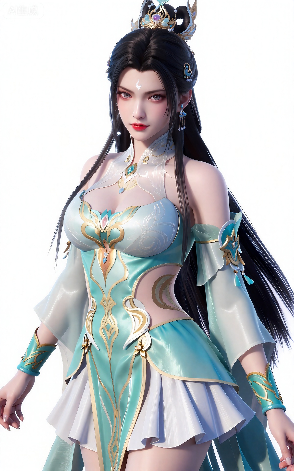 luxueqi,
她有着黑色的长发,有着高高的发髻,发髻上有着镶嵌着宝石的精美发饰,画着淡妆,灰色的眼睛下面有闪耀着淡淡光芒的光粉,浅红色的口红,眉心有着一个酷似月牙的白色印记,肌肤胜雪,白里透红,半身像。
她穿着一套设计复杂的交织着绿松石色和金色的服装,突出了她的胸部和腰部。衣服上有精美的金色图案,突出了她的大而圆的乳房,这是显而易见的。衣服上装饰着精致的半透明白色面料,半透明的白色面料上有着金色的刺绣,为服装增添了一层褶皱和华丽,尤其是腰部和裙子周围。这条裙很短,多层伸展,看起来柔软、轻盈,裙摆是白色的,是一条非常棒的百褶裙。她黑色的长发披过肩膀,在照片中可以看到一部分。她的手臂上装饰有宋绿色和金色刺绣的护腕,她戴着浅蓝色和金色的配饰,包括镶有宝石的项链和袖口。