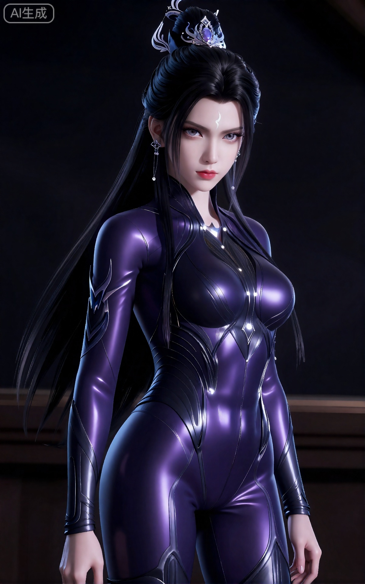 luxueqi,
她有着黑色的长发,有着高高的发髻,发髻上有着镶嵌着宝石的精美发饰,画着淡妆,灰色的眼睛下面有闪耀着淡淡光芒的光粉,浅红色的口红,眉心有着一个酷似月牙的白色印记,肌肤胜雪,白里透红,半身像。
她穿着一件光滑的金属紫色和黑色的紧身衣,上面有复杂的罗纹图案和发光的装饰。她的西装覆盖了她的整个身体,包括她的手臂、腿和高跟靴。