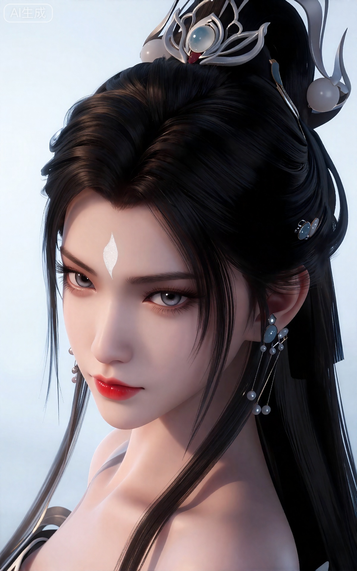 luxueqi,
她有着黑色的长发,有着高高的发髻,发髻上有着镶嵌着宝石的精美发饰,画着淡妆,灰色的眼睛下面有闪耀着淡淡光芒的光粉,浅红色的口红,眉心有着一个酷似月牙的白色印记,肌肤胜雪,白里透红,半身像。