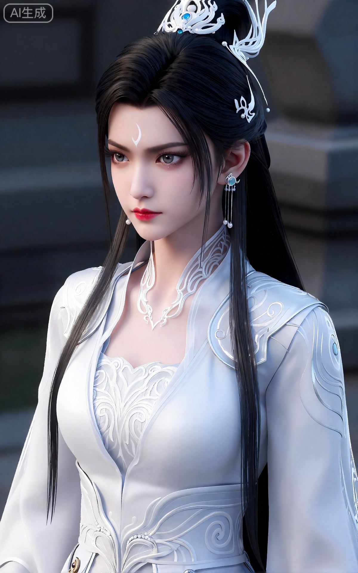 luxueqi,
她有着黑色的长发,有着高高的发髻,发髻上有着镶嵌着宝石的精美发饰,画着淡妆,灰色的眼睛下面有闪耀着淡淡光芒的光粉,浅红色的口红,眉心有着一个酷似月牙的白色印记,肌肤胜雪,白里透红,半身像。
她穿着一件白色的、设计复杂的长袍,上面有精美的图案和纹理。这件长袍有一个高领,装饰着银色和精致的漩涡图案。长袍的前襟略微打开,露出一件白色的、华丽的内衣,上面有类似的图案。她的右肩覆盖着一个银色的护肩,设计微妙,波浪状,为她优雅的着装增添了一丝盔甲般的保护。她戴着小巧精致的银耳环。