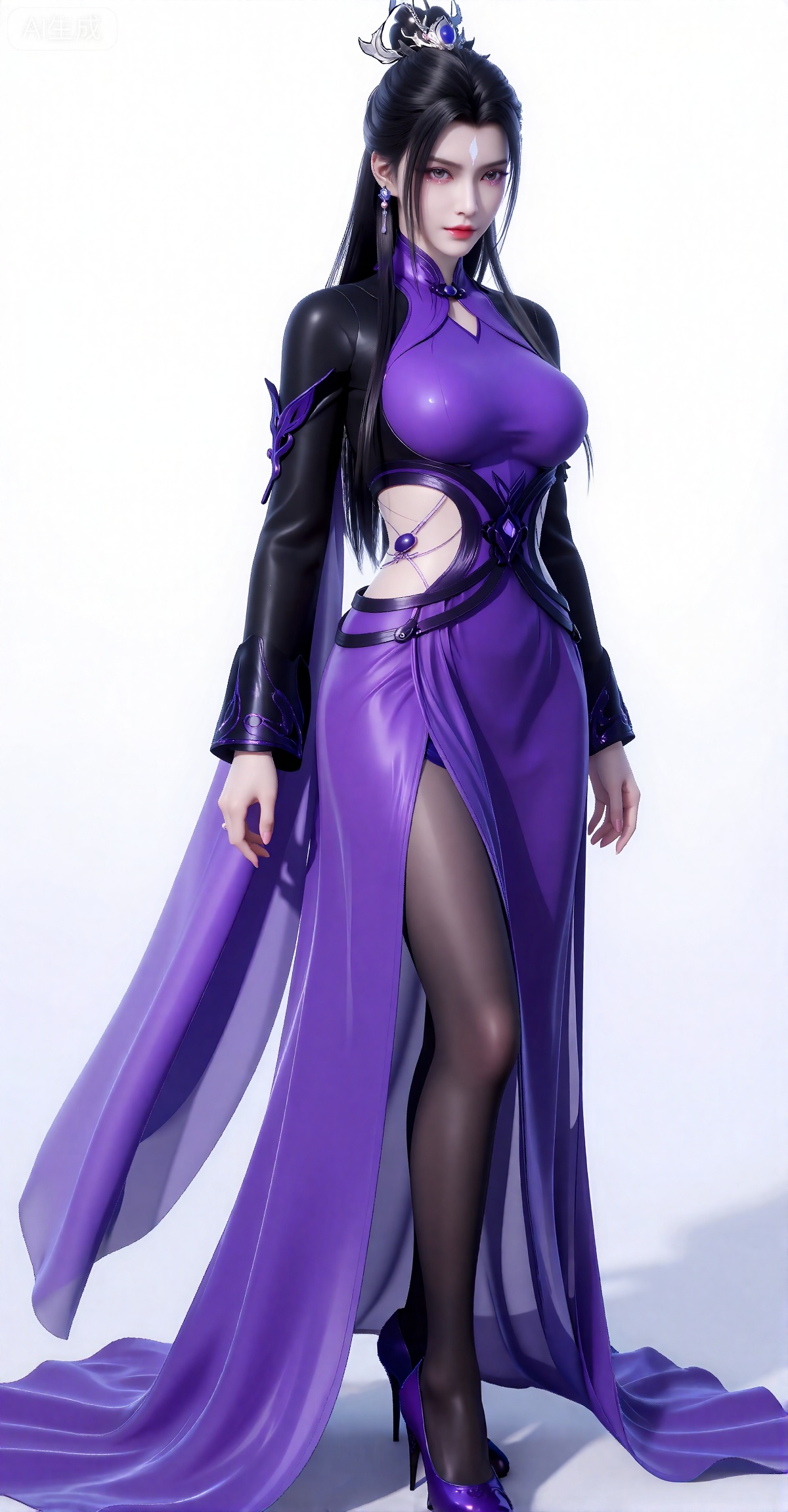 luxueqi,
她有着黑色的长发,有着高高的发髻,发髻上有着镶嵌着宝石的精美发饰,画着淡妆,灰色的眼睛下面有闪耀着淡淡光芒的光粉,浅红色的口红,眉心有着一个酷似月牙的白色印记,肌肤胜雪,白里透红,半身像。
她穿着一套引人注目的未来主义风格的紫色和黑色组合服装。她的上半身是黑色长袖,紫色的高领披在肩上。紫色衣物包裹住她丰满的胸脯,上衣腰间两侧有着切口,露出腰间的精美,在剪裁的下方,有一条紫色的丝带状设计环绕着她的腰部,并延伸成一条飘逸的紫色半透明裙子,一直延伸到地板上。这条裙子两边有一个高开衩,露出了她的黑色透明的裤袜腿,她穿着紫色的精美高跟鞋。