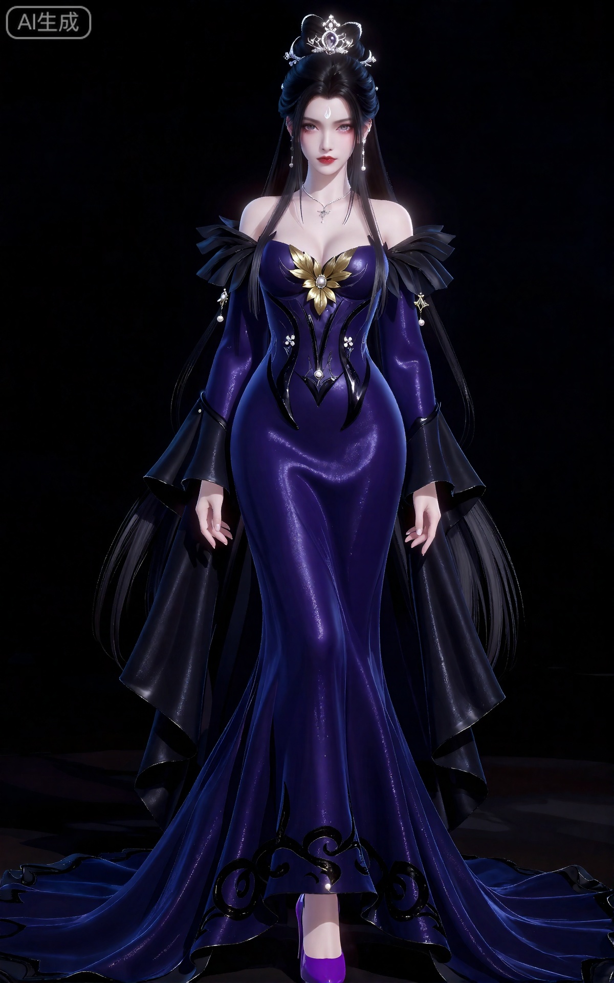luxueqi,
她有着黑色的长发,有着高高的发髻,发髻上有着镶嵌着宝石的精美发饰,画着淡妆,灰色的眼睛下面有闪耀着淡淡光芒的光粉,浅红色的口红,眉心有着一个酷似月牙的白色印记,肌肤胜雪,白里透红,半身像。
她穿着一件深紫色及地长裙,上面有复杂的黑色和金色图案。这件礼服是露肩的,黑色褶边面料为设计增添了哥特式风格。紧身胸衣露出了她的大乳房,上面装饰着金色的花朵图案和小的装饰性珠宝。礼服的裙摆有微妙的光泽,下摆处装饰着黑色的漩涡图案。这个女人长长的黑发直披在肩上,部分遮住了她的脸,这在插图中是看不见的。她穿着一双紫色的高跟鞋。她脖子上戴着一条银色的项链,上面挂着一个小吊坠。