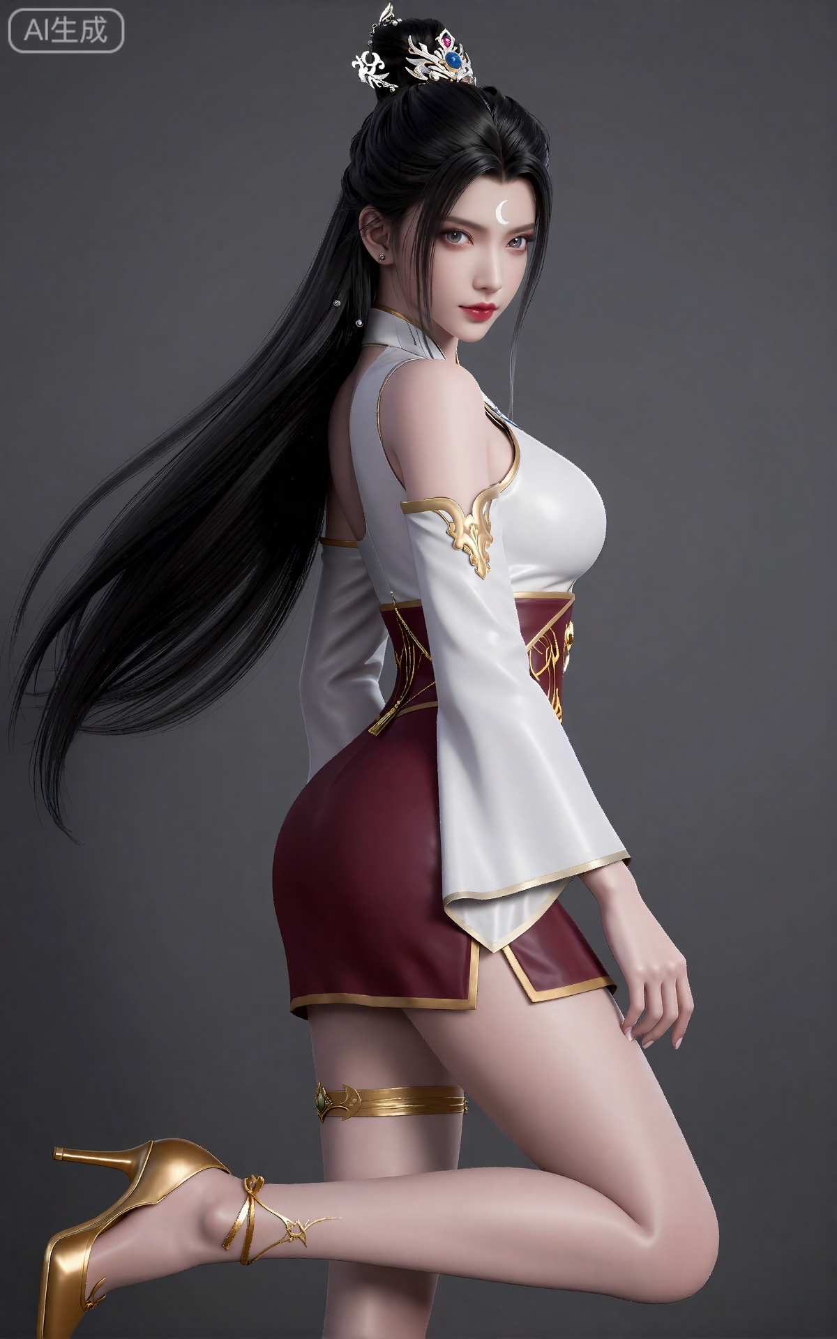 luxueqi,
她有着黑色的长发,有着高高的发髻,发髻上有着镶嵌着宝石的精美发饰,画着淡妆,灰色的眼睛下面有闪耀着淡淡光芒的光粉,浅红色的口红,眉心有着一个酷似月牙的白色印记,肌肤胜雪,白里透红,半身像。
她有一头长长的、飘逸的黑色头发,像瀑布一样垂在背上。她的皮肤白皙,穿着一套非常时髦的现代衣服,包括一件白色的无袖上衣,上面镶着金色的镶边,袖子很宽。上衣搭配一件栗色的高腰短裙,（短裙）款式是包臀裙,上面装饰着金色的花边和金色的流苏,后面没有裙摆,她的右大腿上有一个吊袜带,右腿穿着非常透明的丝袜,上面装饰着复杂的金色图案。她的鞋子由金色及踝凉鞋和精致的绑带组成。