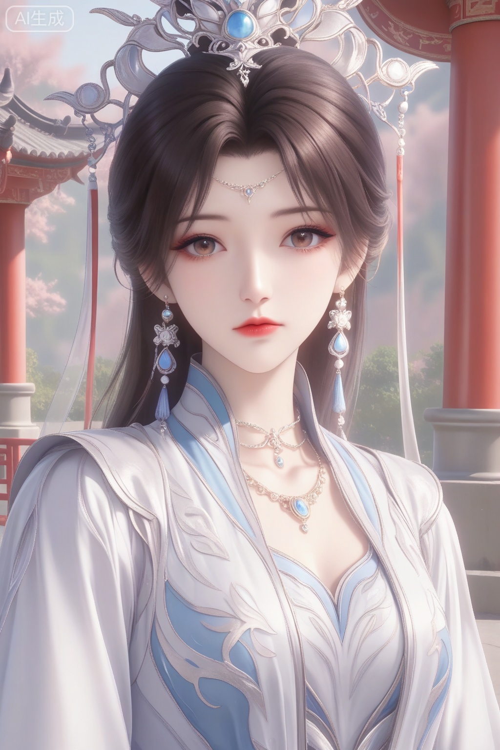 
Random scene,Random scene,
upper body,looking at viewer,
李慕婉,1girl, solo, long hair, looking at viewer, brown hair, hair ornament, dress, jewelry, earrings, necklace, white dress, bracelet, chinese clothes,masterpiece,best quality,official art,extremely detailed CG unity 8k wallpaper,
