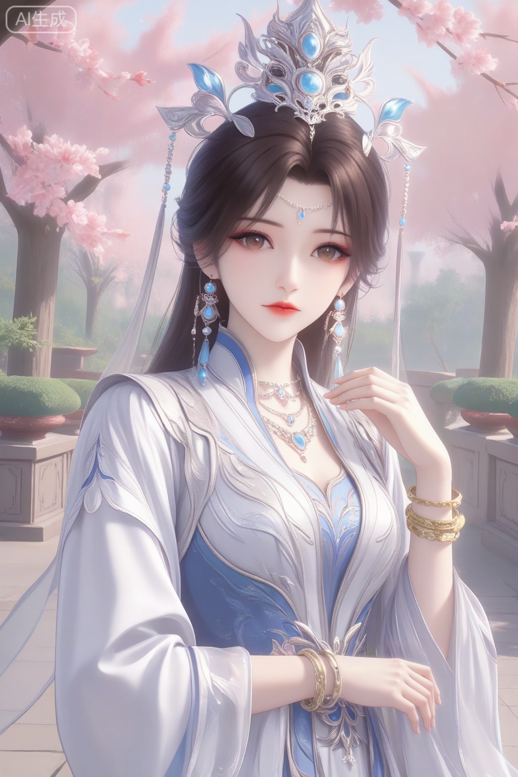 
Random scene,Random scene,
upper body,looking at viewer,
李慕婉,1girl, solo, long hair, looking at viewer, brown hair, hair ornament, dress, jewelry, earrings, necklace, white dress, bracelet, chinese clothes,masterpiece,best quality,official art,extremely detailed CG unity 8k wallpaper,

