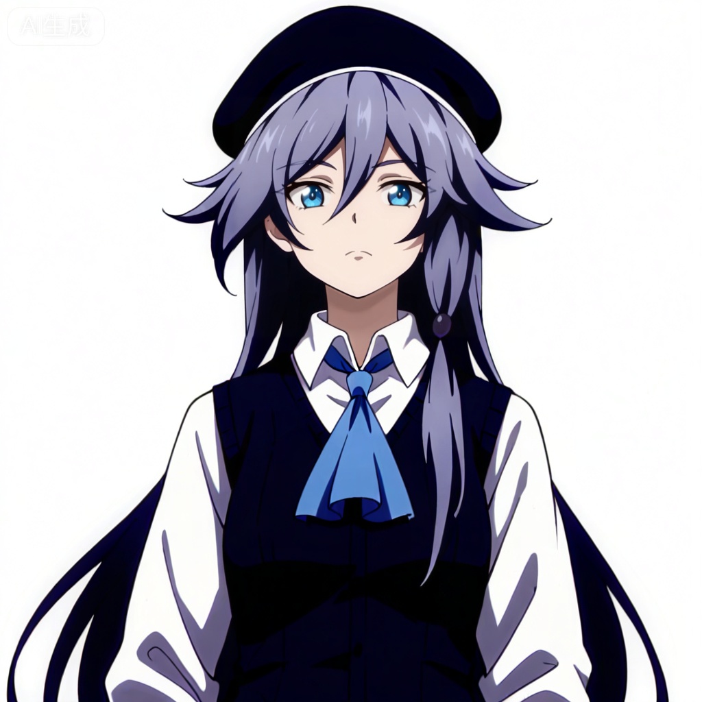 masterpiece, best quality,solo,((white background:1.2)),simple background,, 
looking at viewer,anime_style,fu_hua,blue eyes,grey hair,hair ornament,hair between eyes,shirt,white shirt,collared shirt,skirt,vest,blue necktie,hat,beret